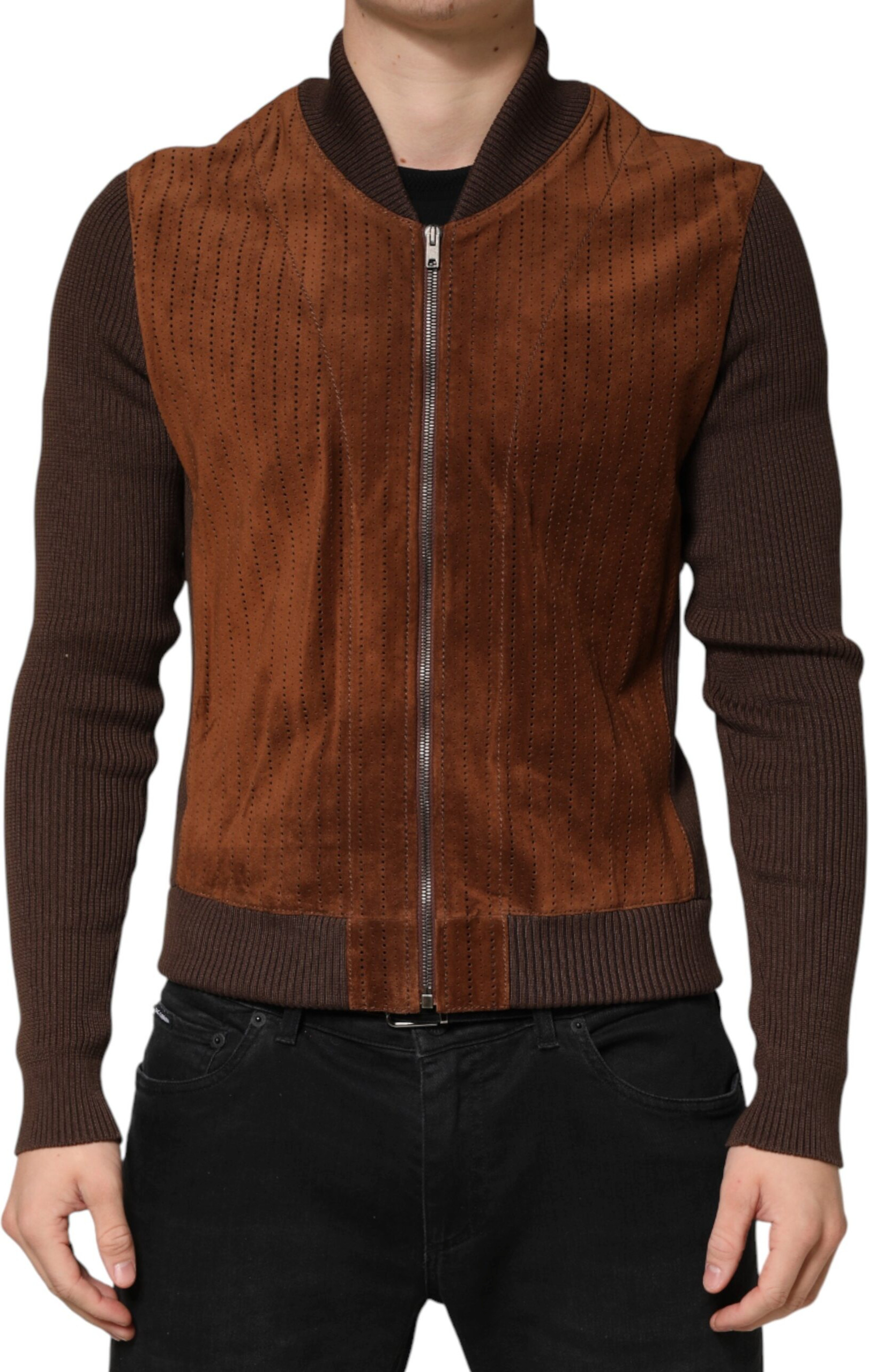 Brown Velvet Calfskin Full Zip Biker Jacket