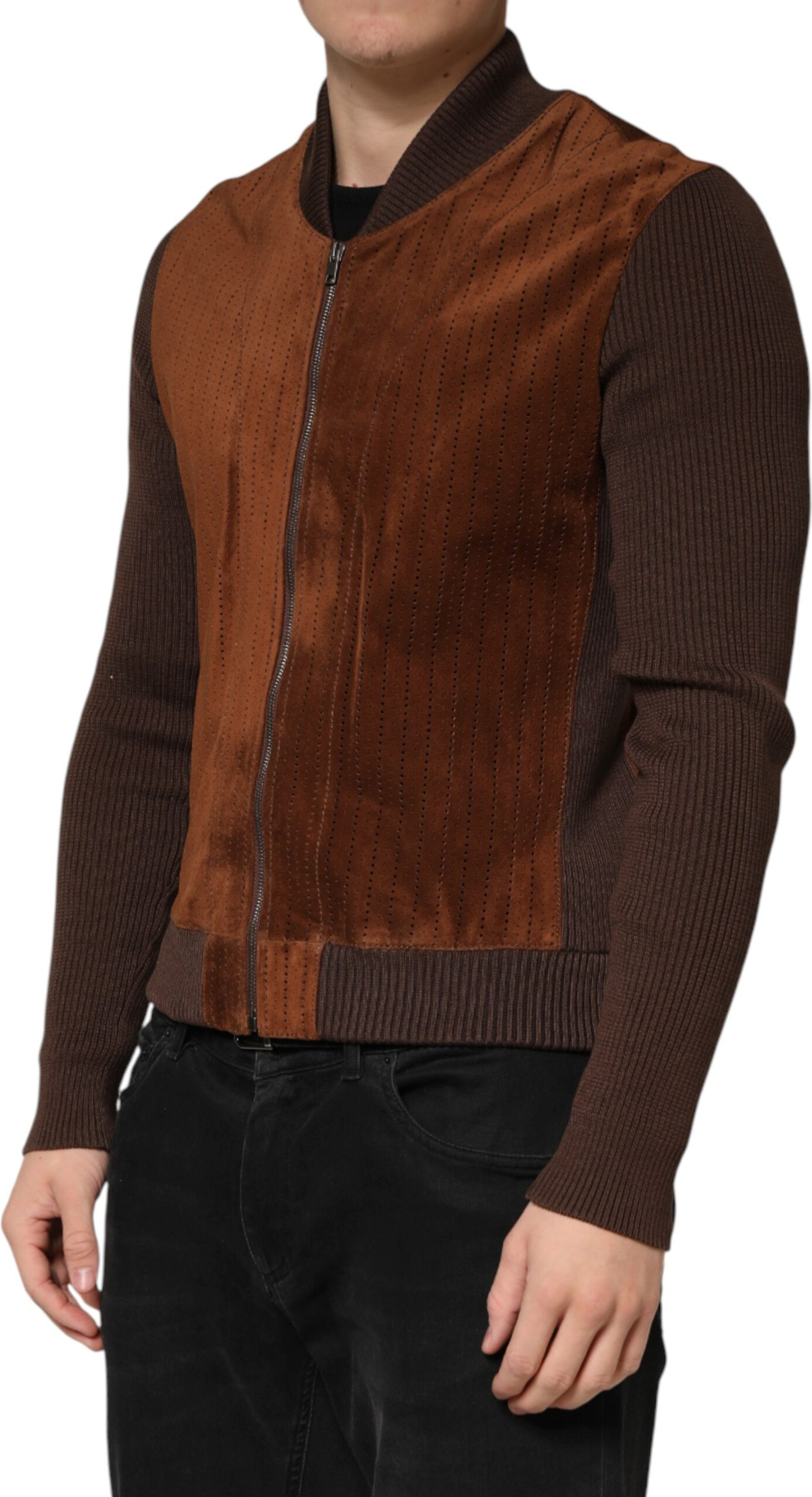 Brown Velvet Calfskin Full Zip Biker Jacket