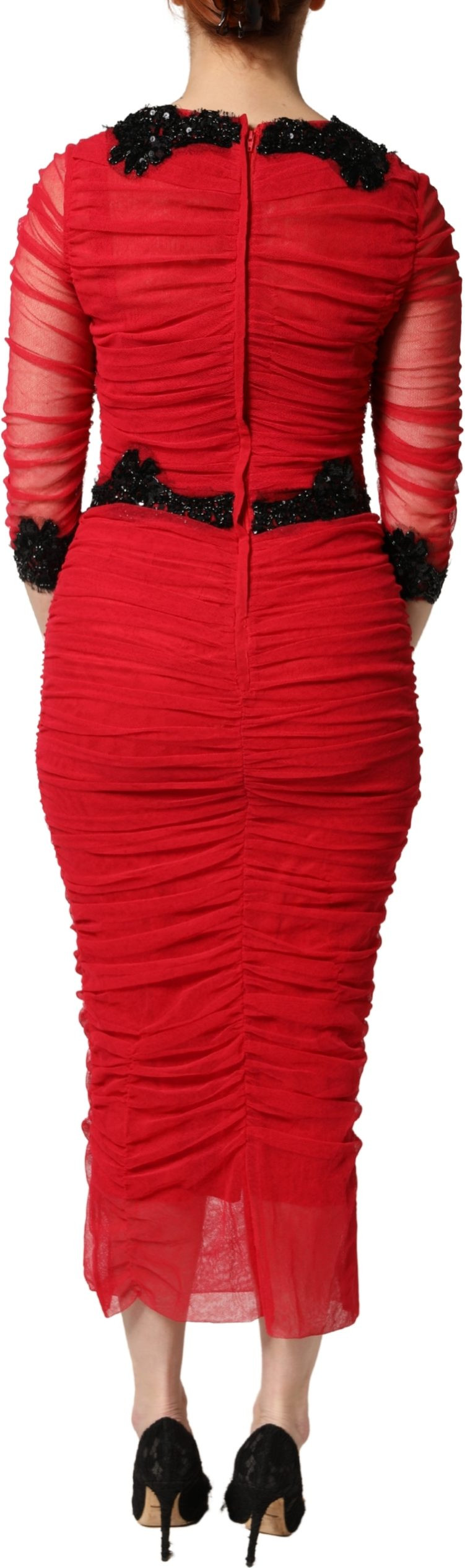 Red Mesh Trim Bodycon Sheath Midi Dress Dolce & Gabbana