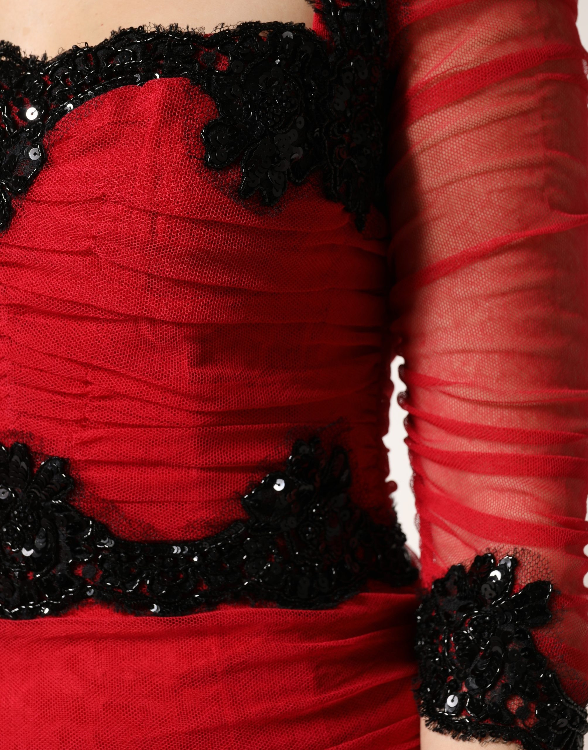 Red Mesh Trim Bodycon Sheath Midi Dress Dolce & Gabbana