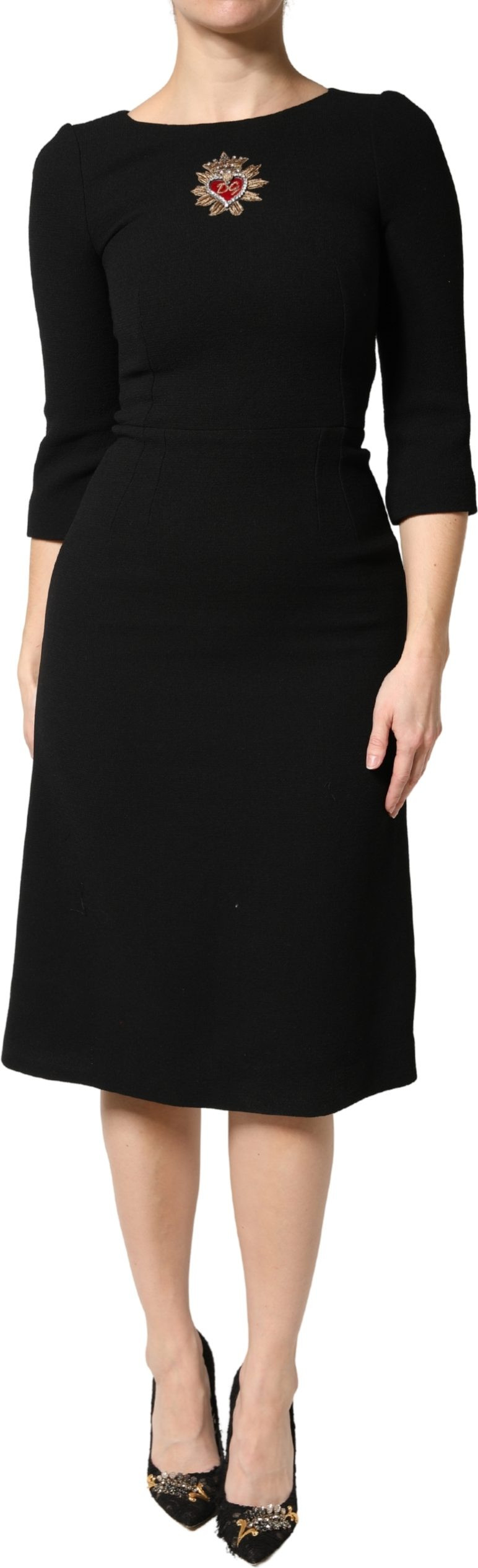Dolce & Gabbana Black Wool Sacred Heart Patch Midi Dress