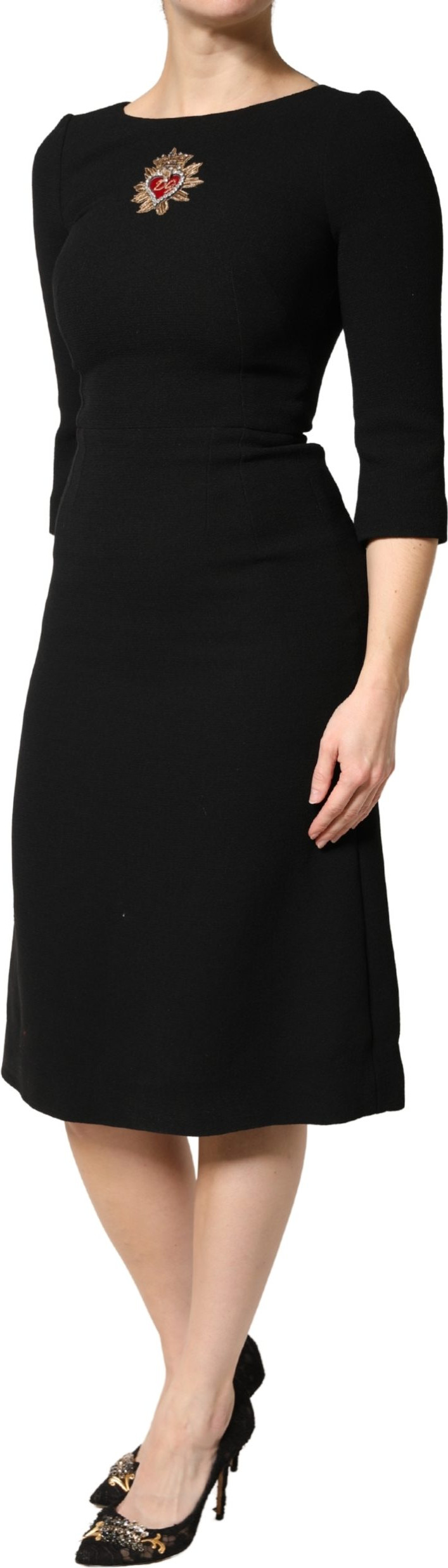 Dolce & Gabbana Schwarzes Midi-Kleid aus Wolle mit "Sacred Heart"-Patch
