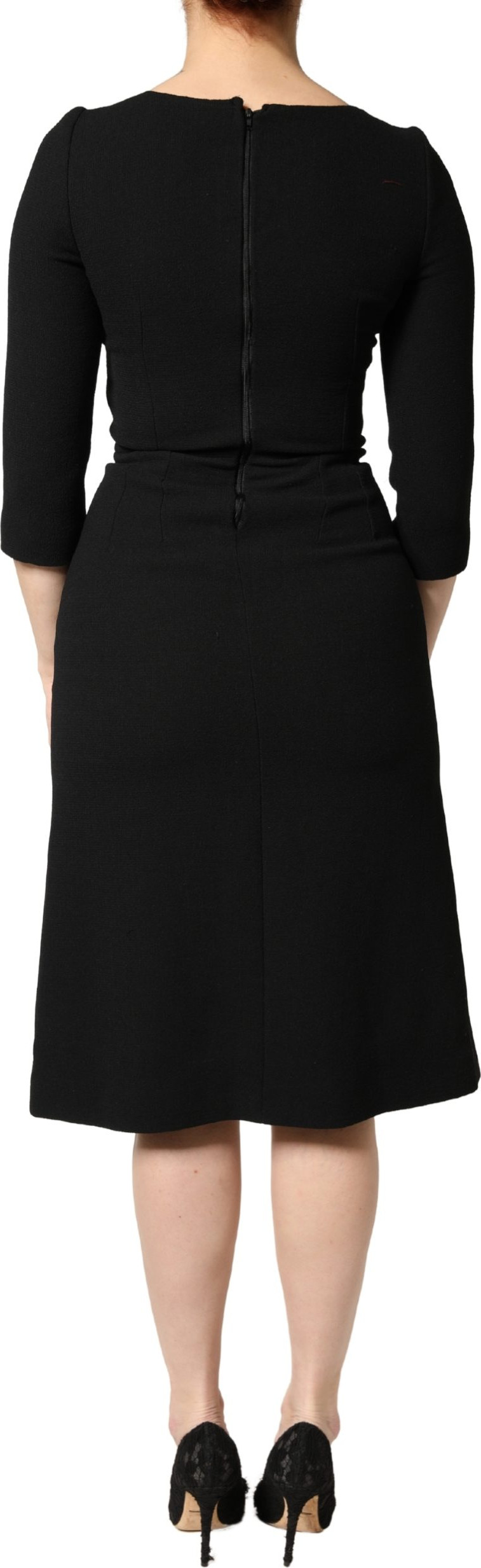 Dolce & Gabbana Schwarzes Midi-Kleid aus Wolle mit "Sacred Heart"-Patch