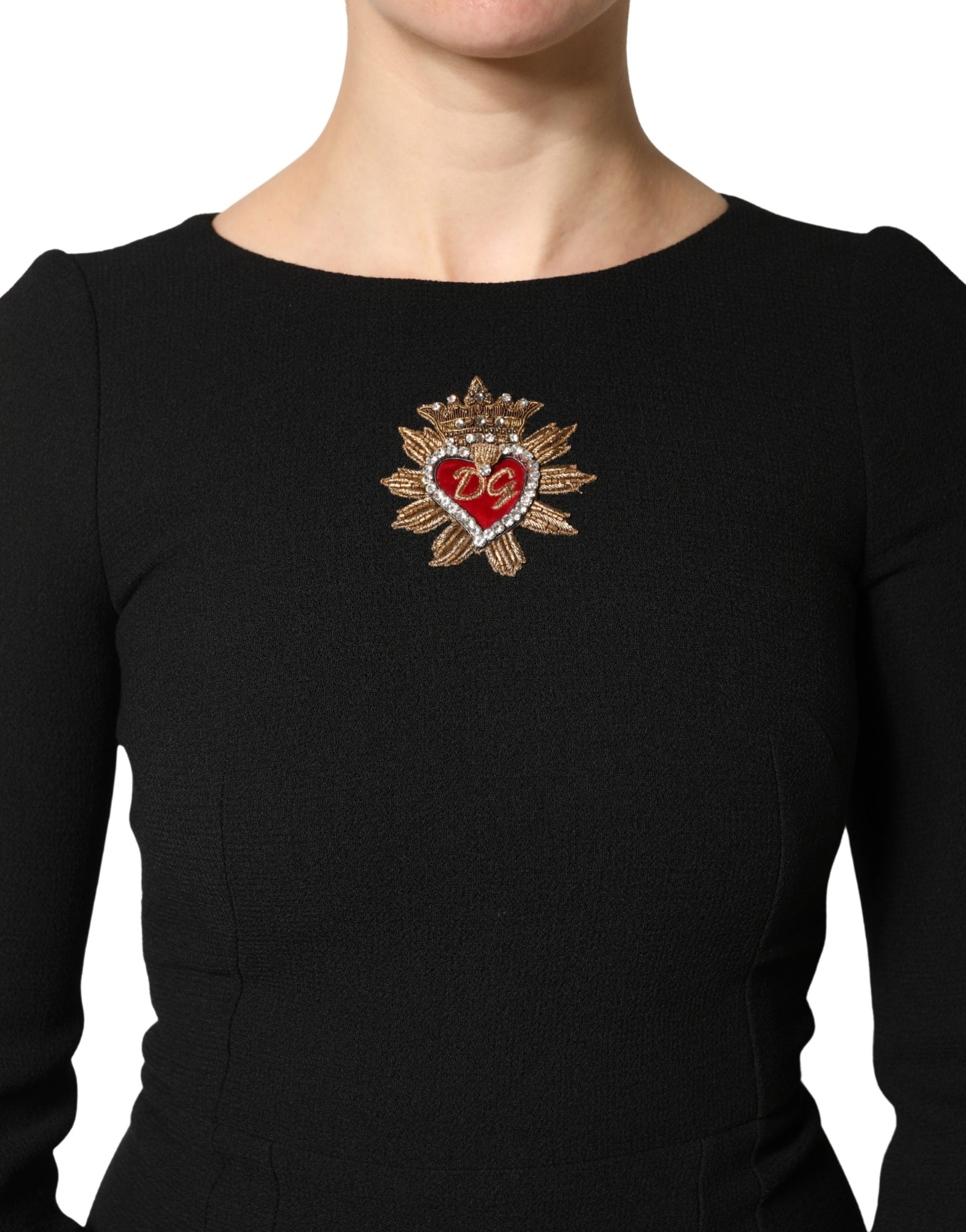 Dolce & Gabbana Schwarzes Midi-Kleid aus Wolle mit "Sacred Heart"-Patch