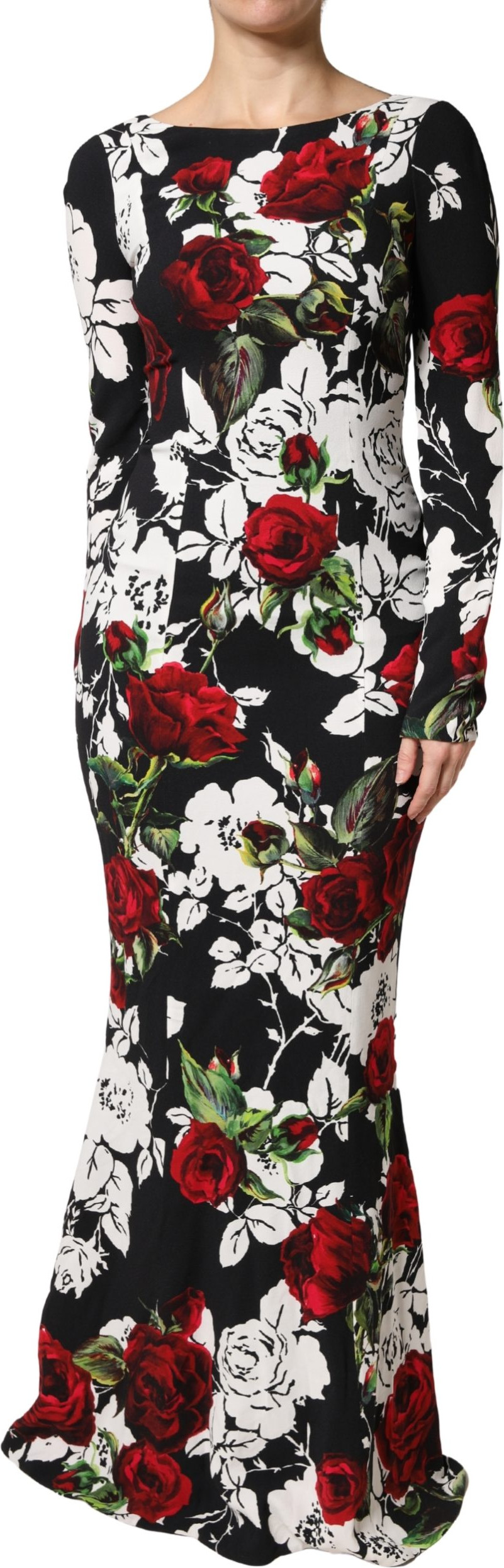 Black Floral Viscose Bodycon Long Gown Dress Dolce & Gabbana