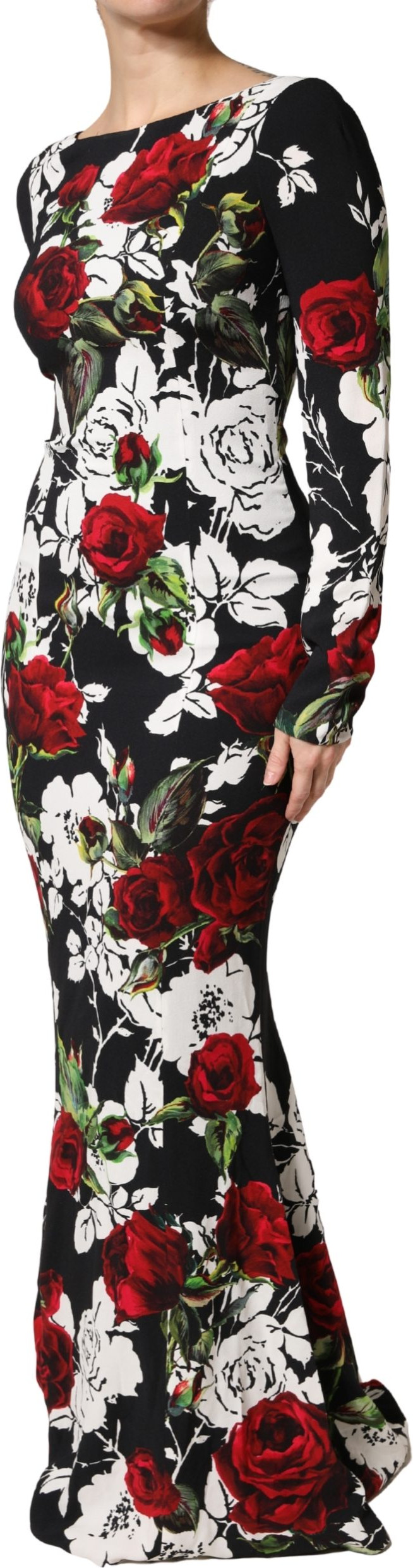 Black Floral Viscose Bodycon Long Gown Dress Dolce & Gabbana