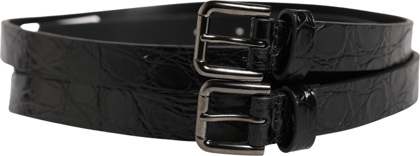 Dolce & Gabbana Schwarzer Gürtel aus Leder mit doppelten Riemen und silberner Schnalle