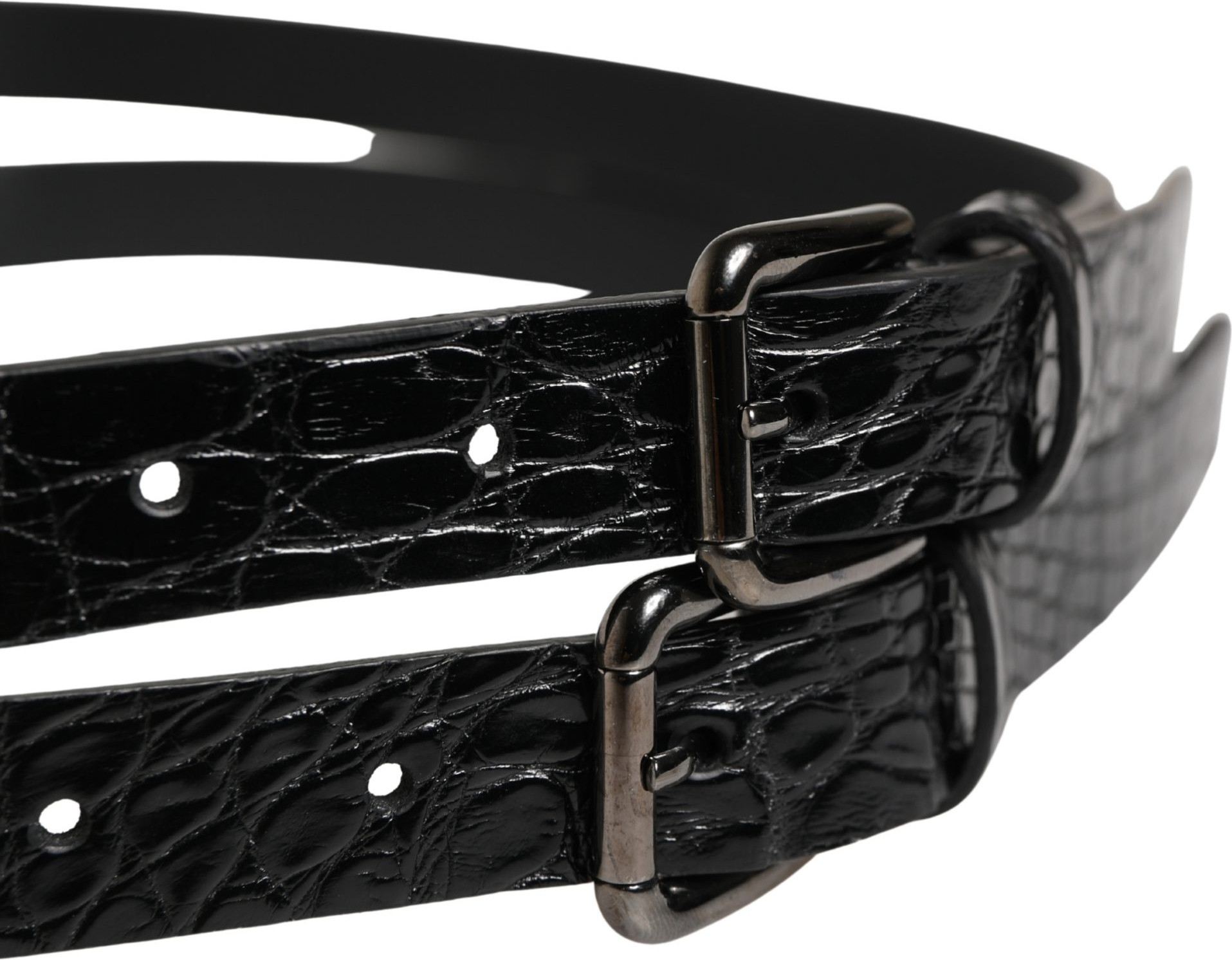 Dolce & Gabbana Black Double Strap Leather Silver Buckle Belt