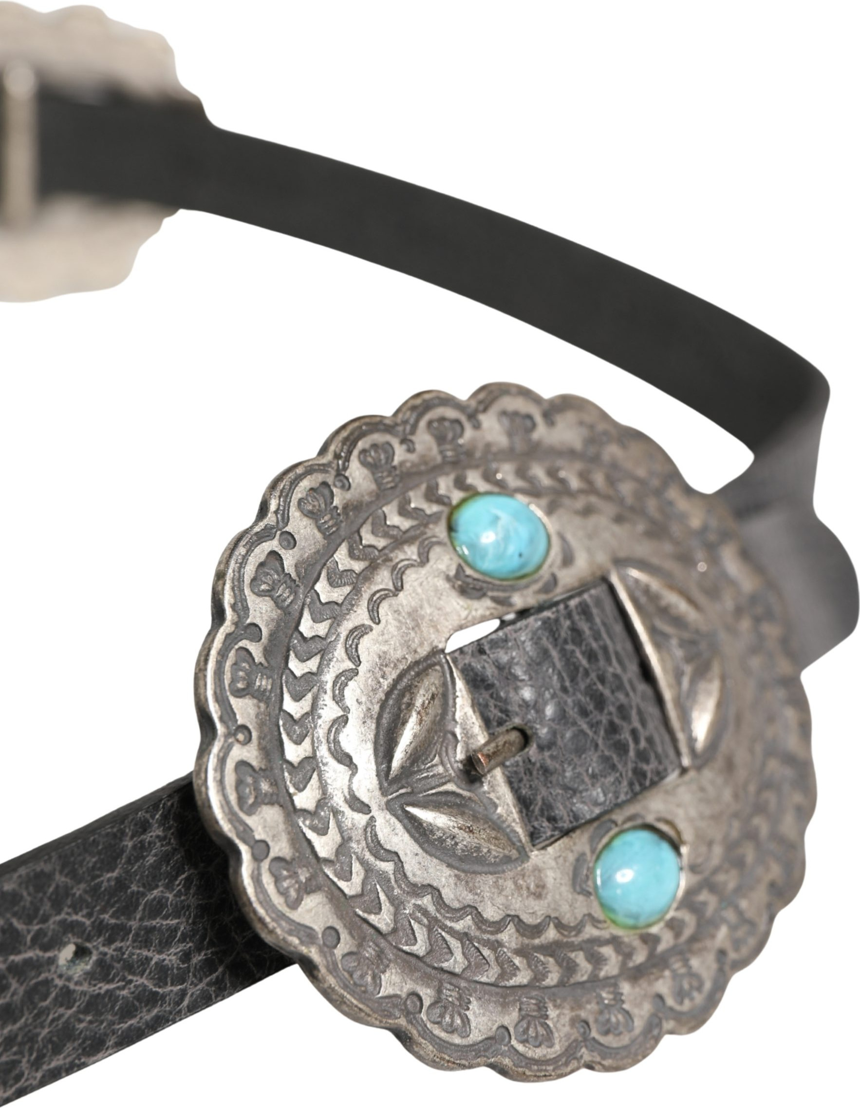 Black Turquoise Leather Embellished Oval Buckle Belt