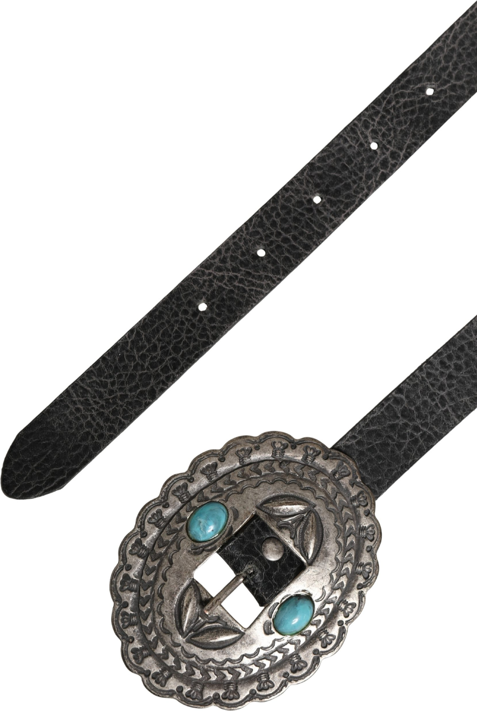 Black Turquoise Leather Embellished Oval Buckle Belt