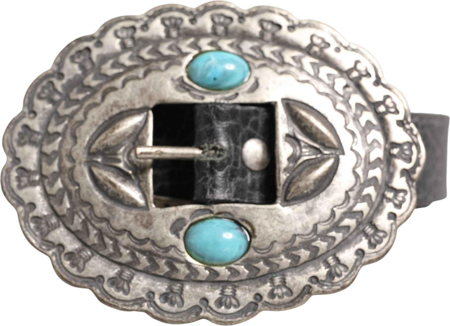 Black Turquoise Leather Embellished Oval Buckle Belt