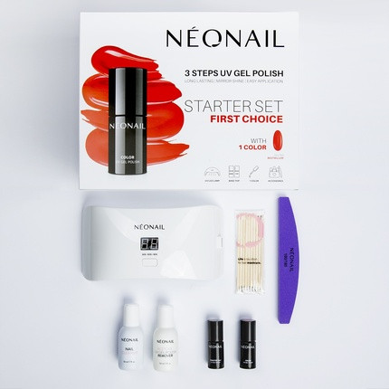 Nail Polish Set Neonail First Choice Set With 12w Led Lamp, 2in1 Base, Dry Top, Uv Nail Polish In Sexy Red, Nail Cleaner, Acetone, And Nail File