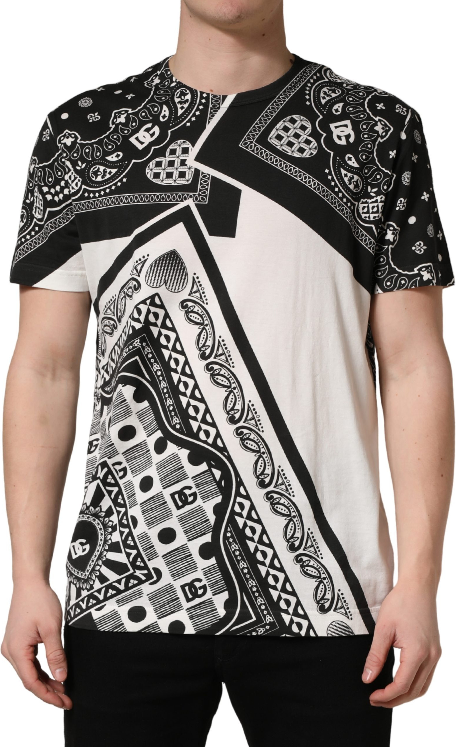 T-shirt Dolce & Gabbana Black White Bandana Cotton Crew Neck