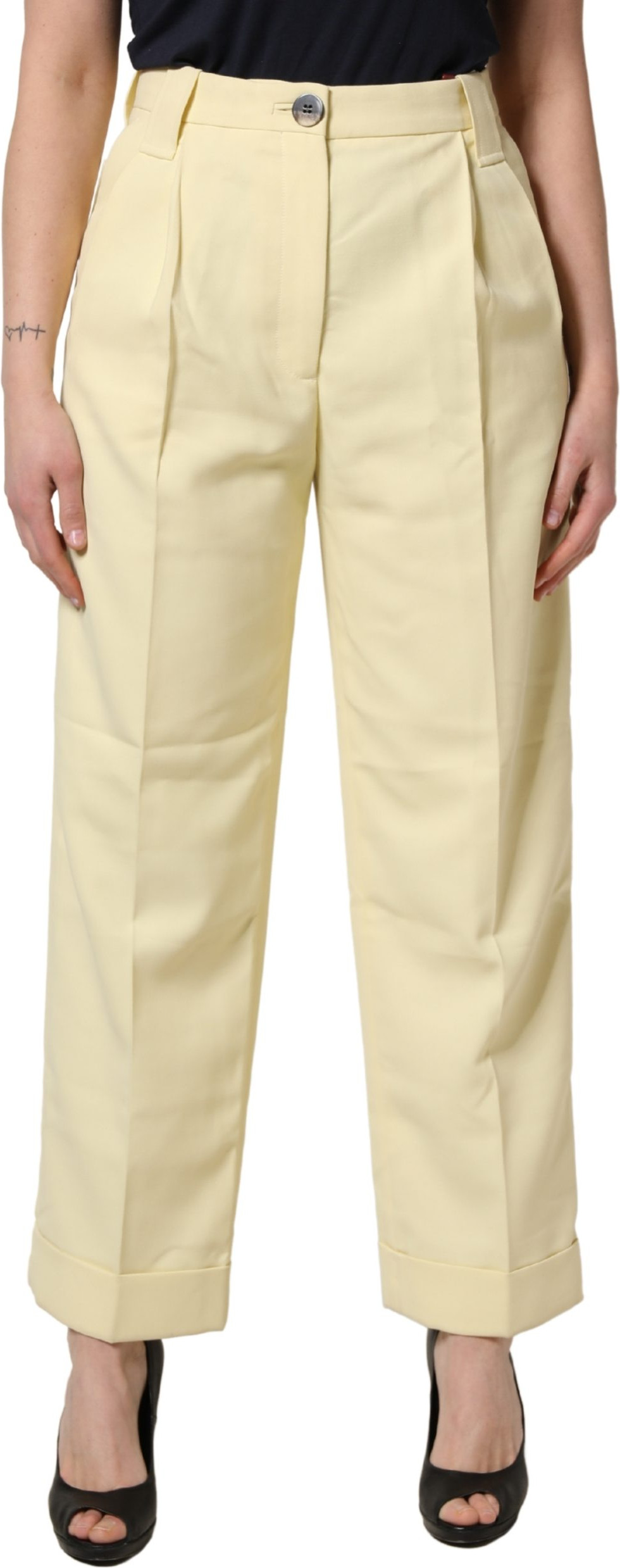 Ganni gelbe Hose mit hoher Taille, geradem Schnitt und Falten