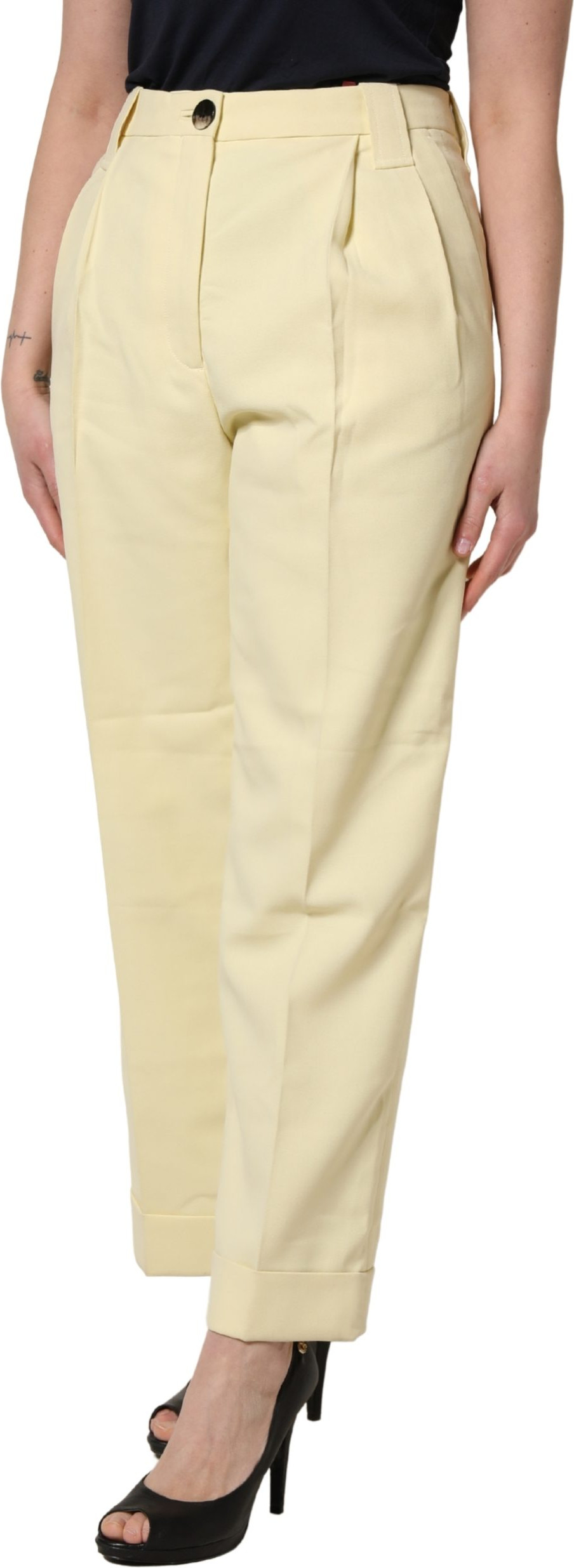 Ganni gelbe Hose mit hoher Taille, geradem Schnitt und Falten
