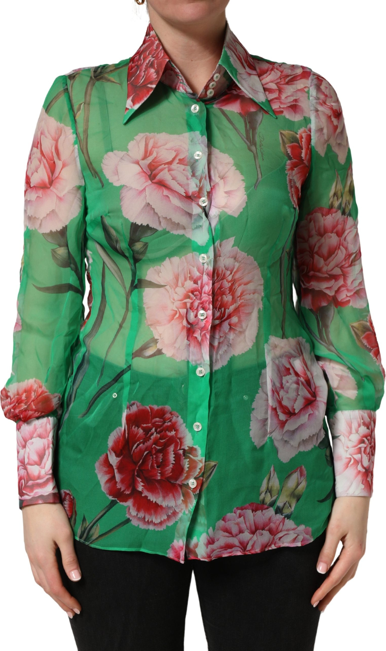 Blouse Top Dolce & Gabbana Green CarnationPrint Silk Collared