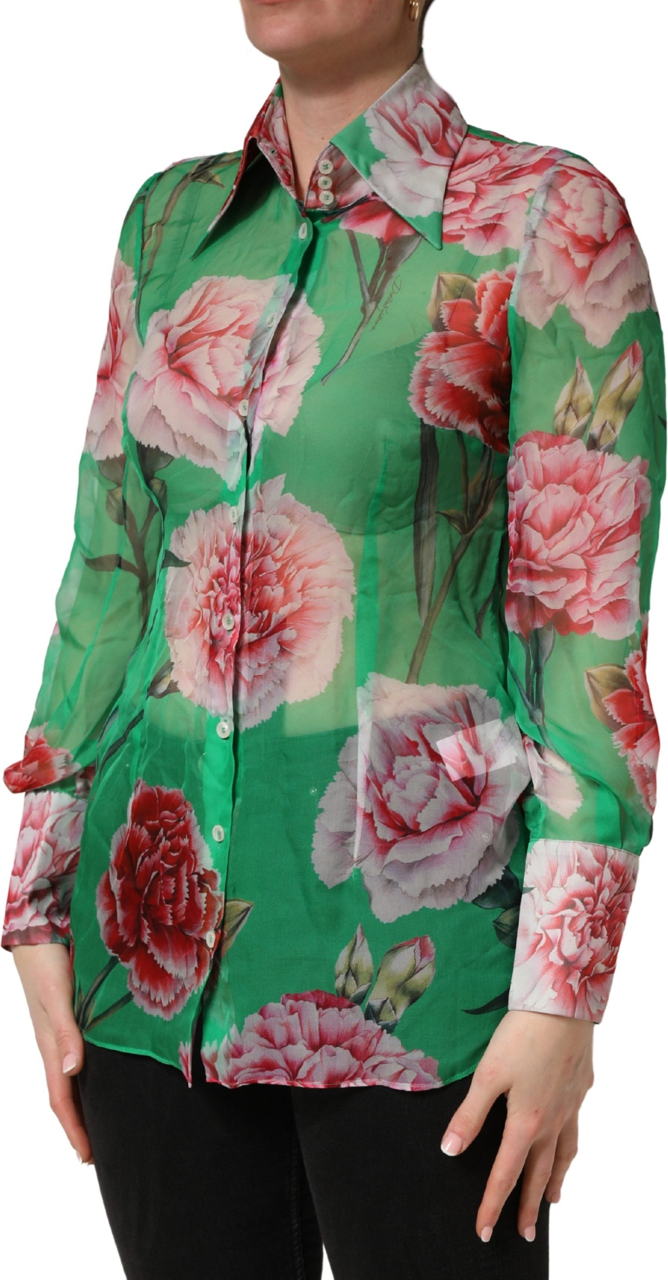 Blouse Top Dolce & Gabbana Green CarnationPrint Silk Collared