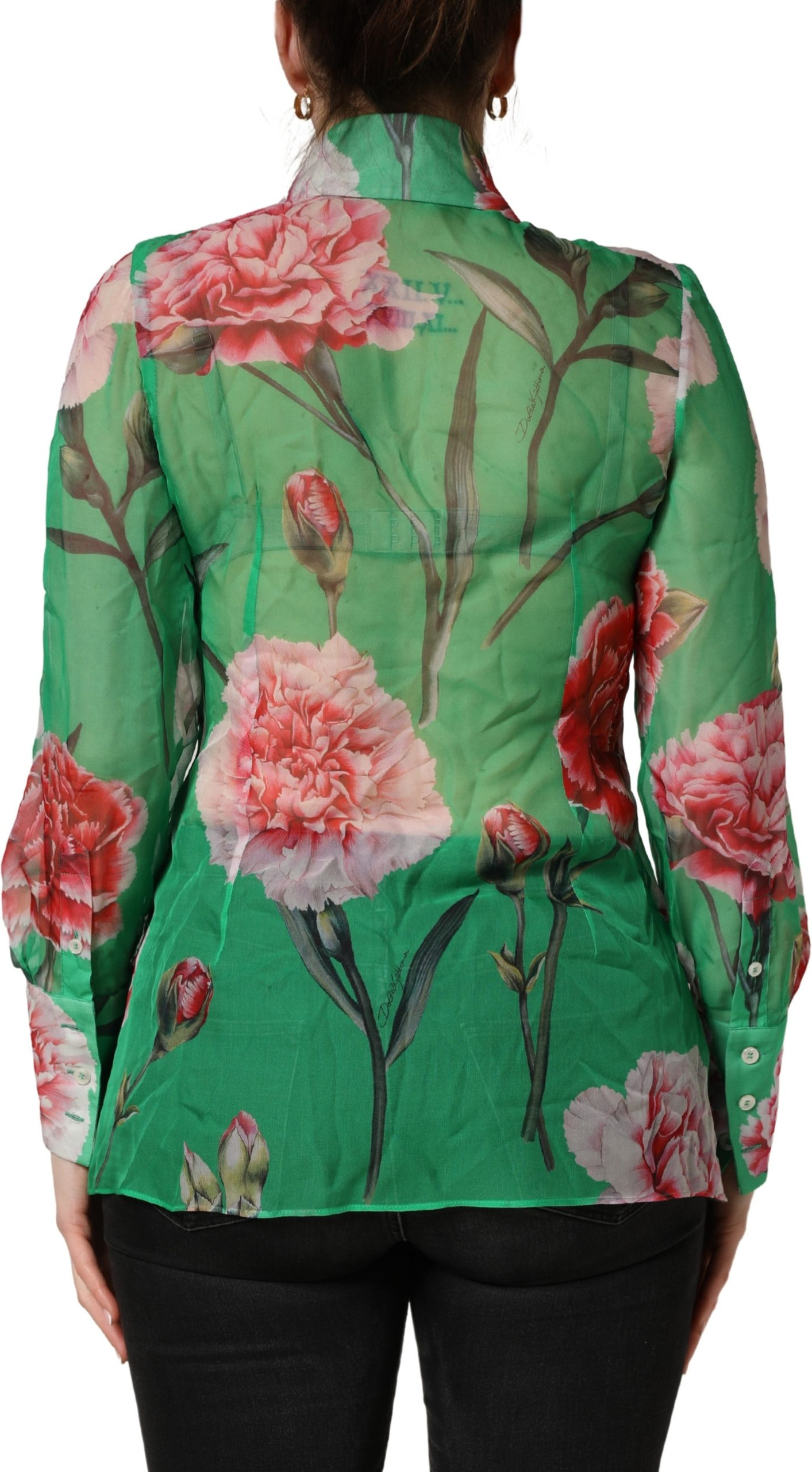 Blouse Top Dolce & Gabbana Green CarnationPrint Silk Collared