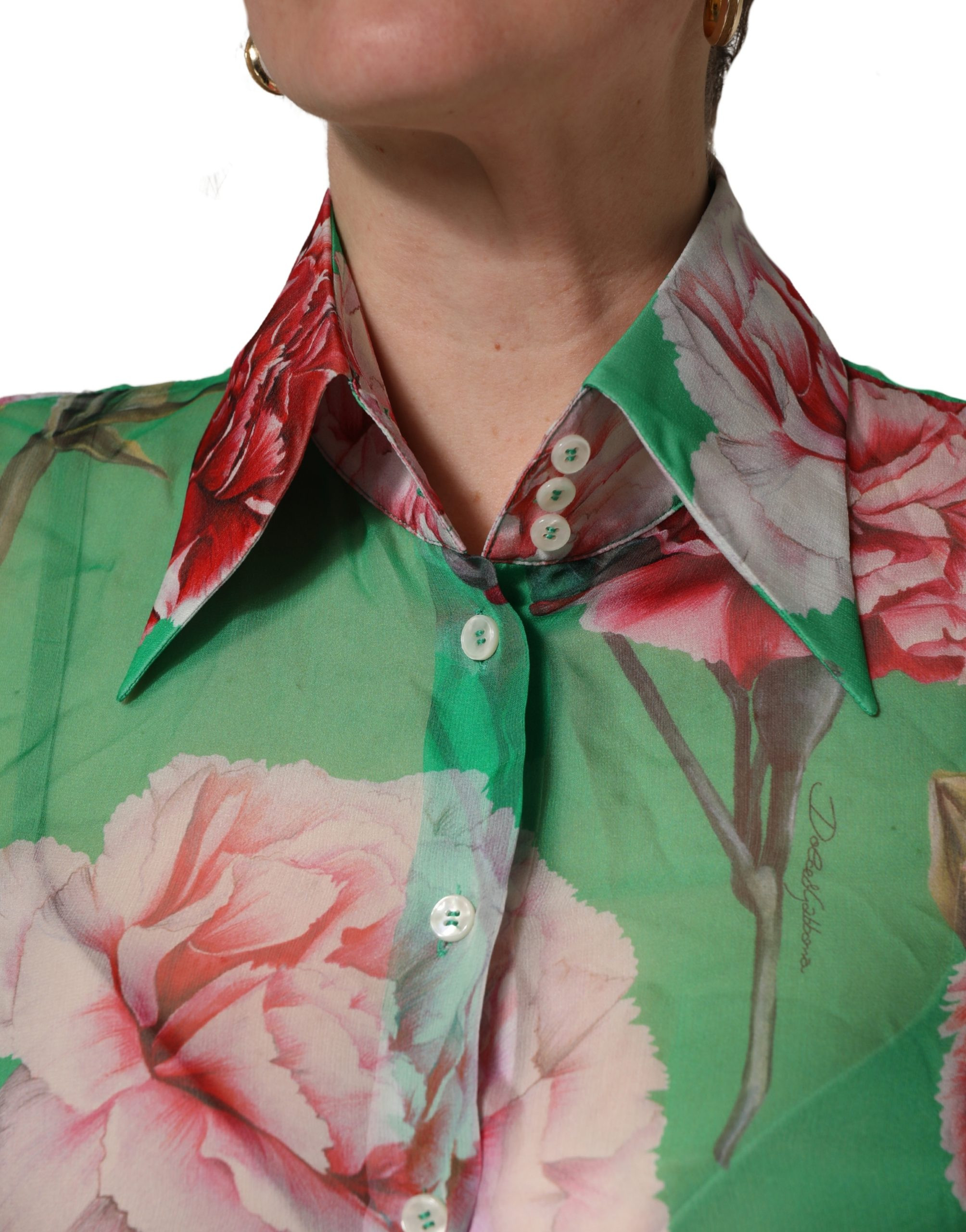 Blouse Top Dolce & Gabbana Green CarnationPrint Silk Collared