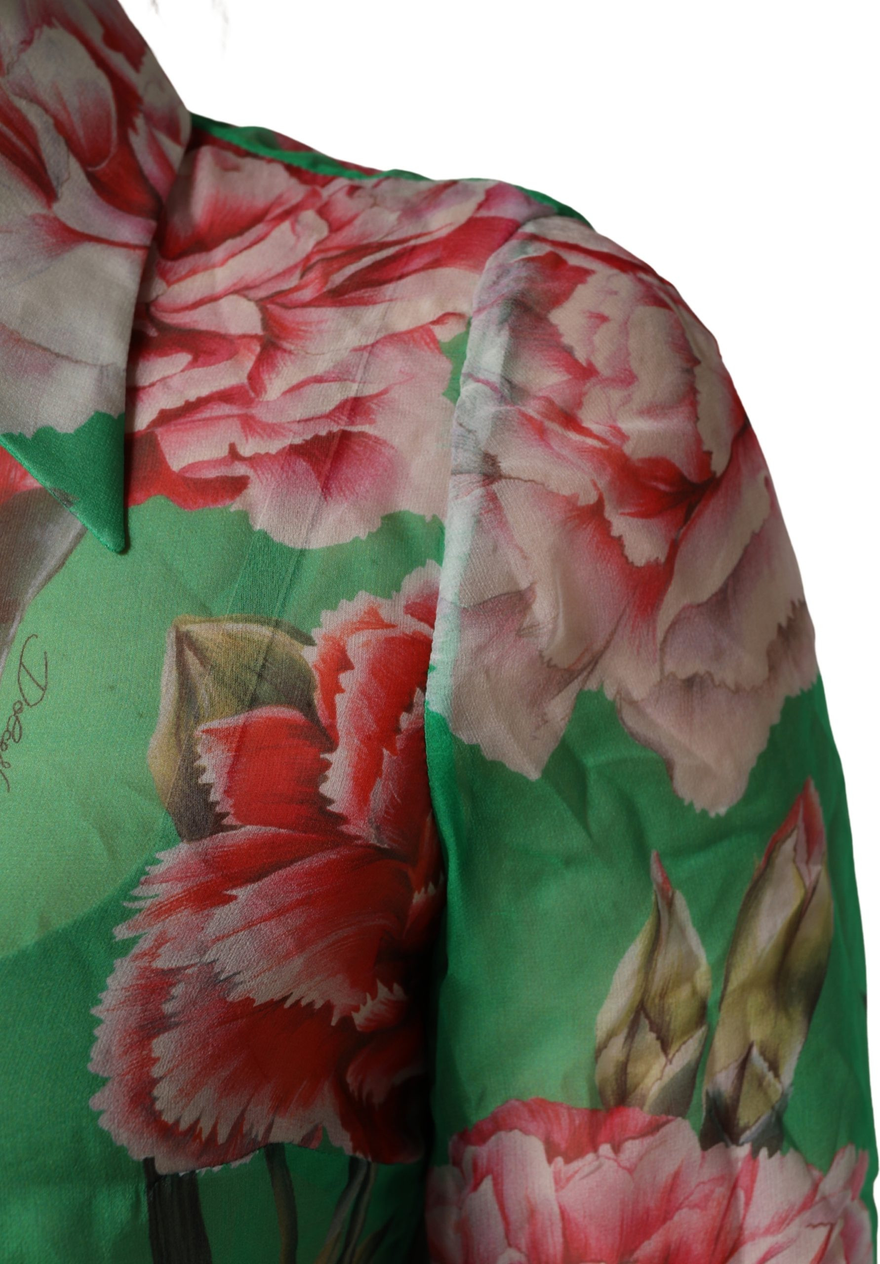 Blouse Top Dolce & Gabbana Green CarnationPrint Silk Collared