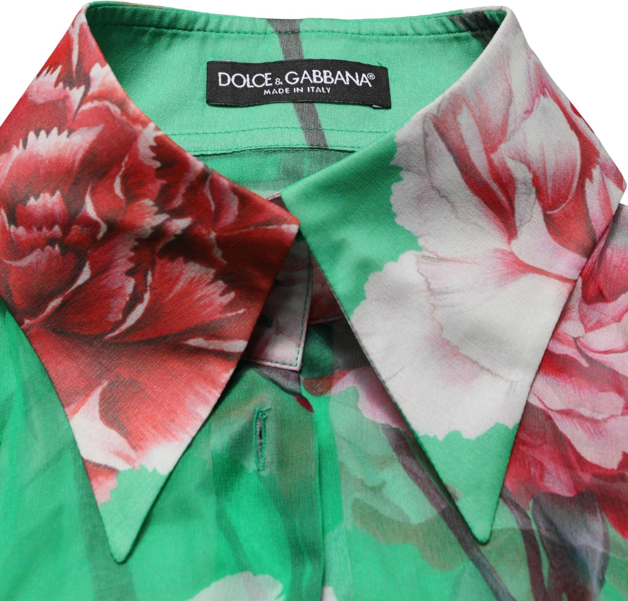 Blouse Top Dolce & Gabbana Green CarnationPrint Silk Collared