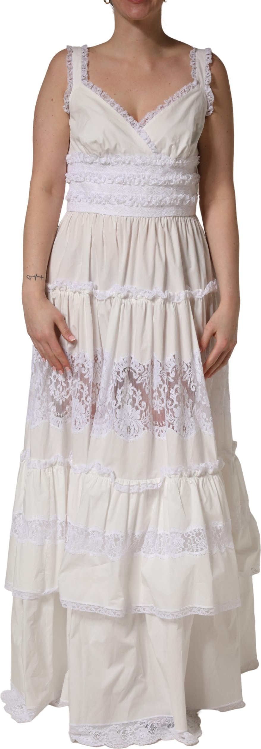 Weißes ärmelloses Spitzen-Maxikleid aus Baumwolle von Dolce & Gabbana