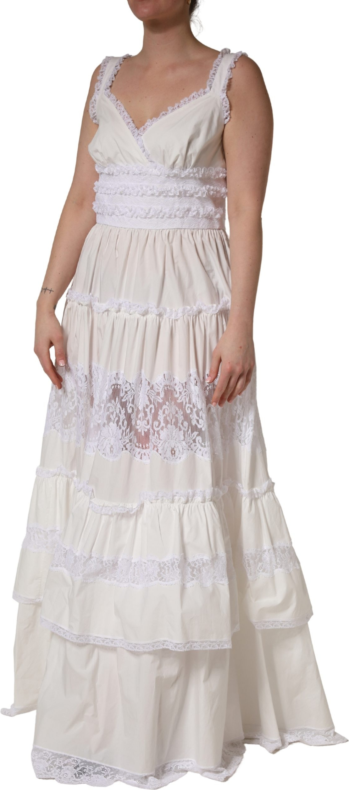 Weißes ärmelloses Spitzen-Maxikleid aus Baumwolle von Dolce & Gabbana