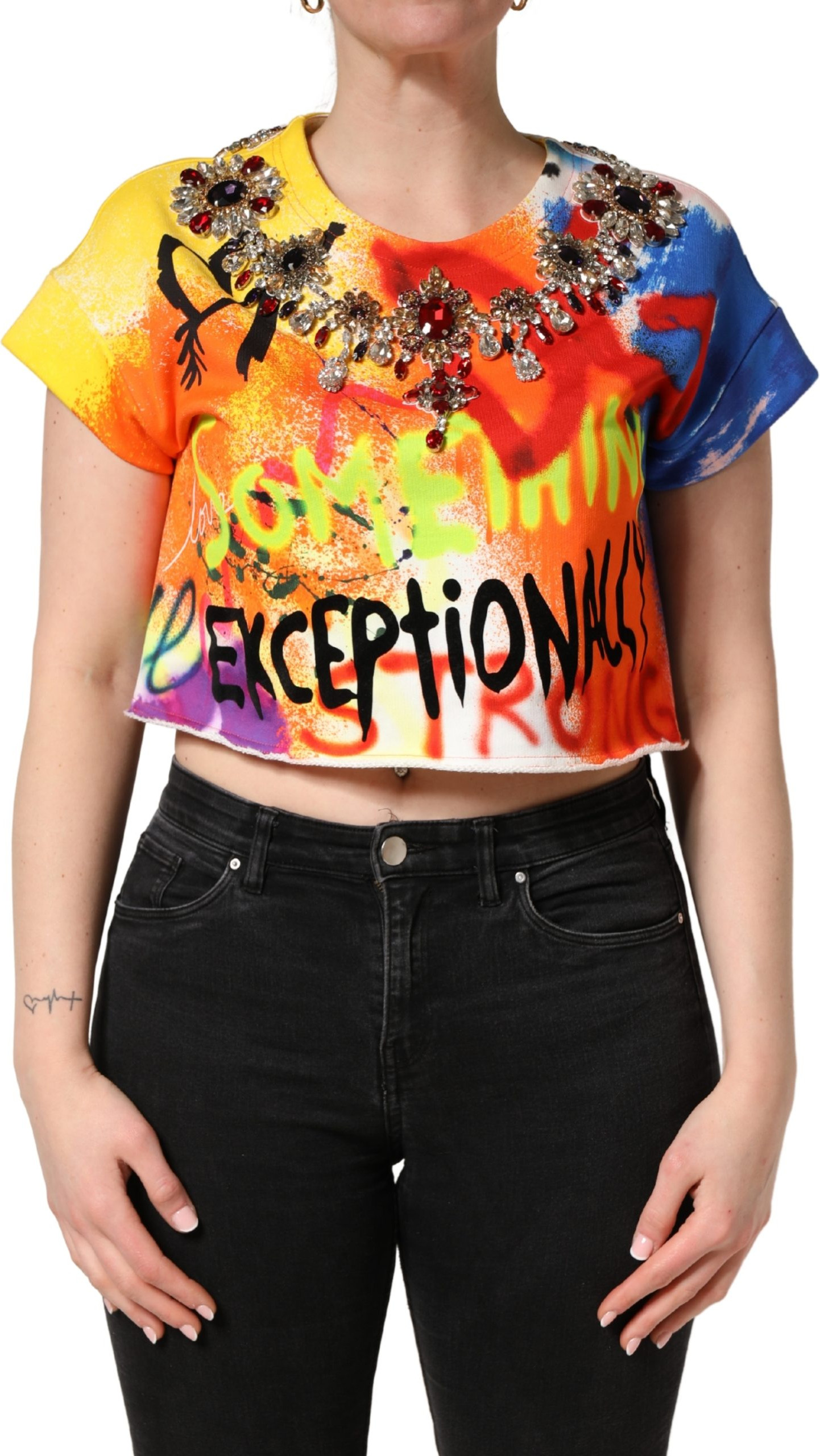 Top Dolce & Gabbana Multicolor Graffiti Crystals Crop Jersey Top