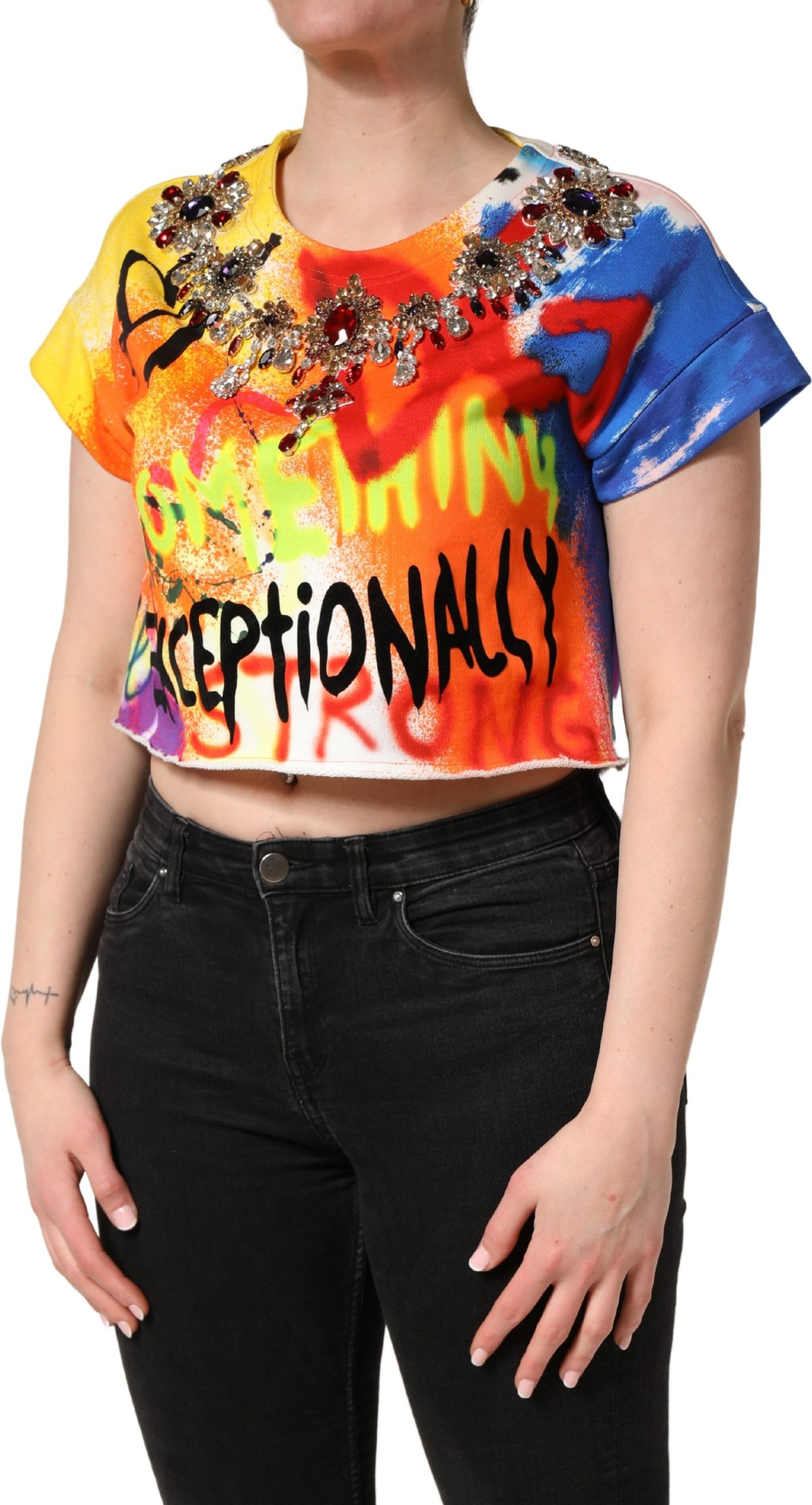 Dolce & Gabbana Top Multicolor Graffiti Kristalle Crop Jersey Top