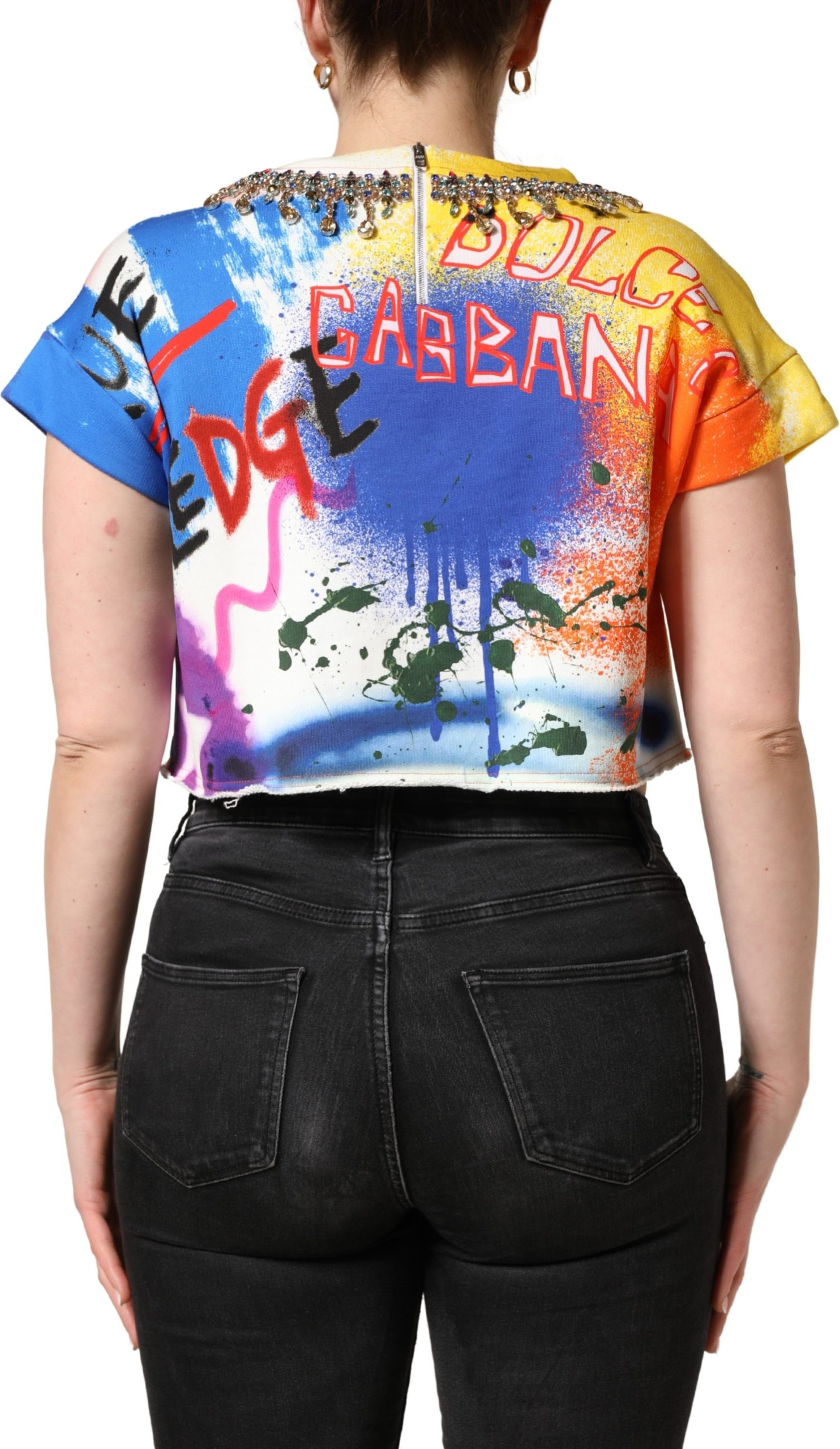 Dolce & Gabbana Top Multicolor Graffiti Kristalle Crop Jersey Top