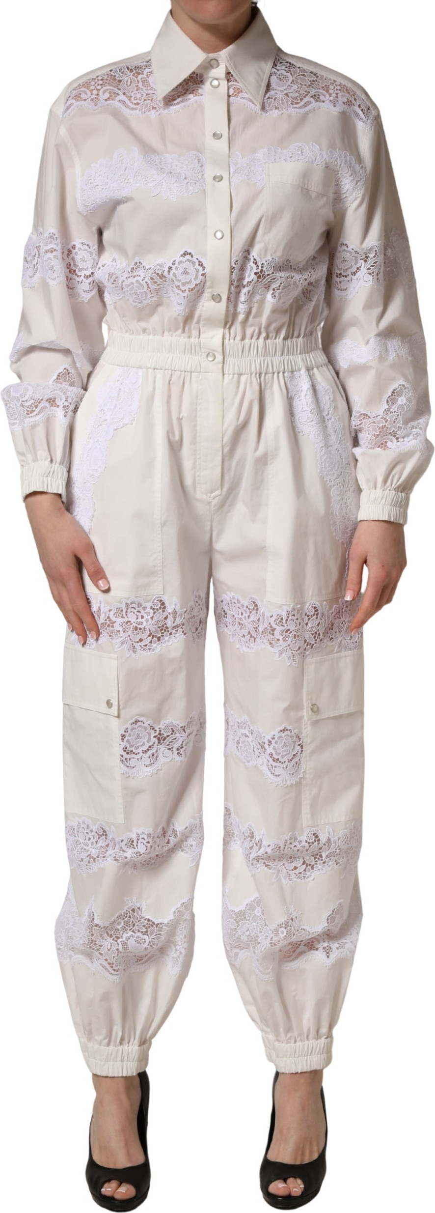 Jumpsuit Dolce & Gabbana White Cotton Lace Trim Long Sleeves Jumpsuit