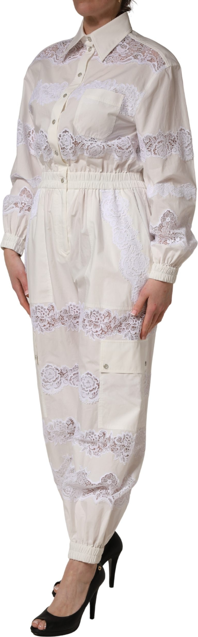 Jumpsuit Dolce & Gabbana White Cotton Lace Trim Long Sleeves Jumpsuit