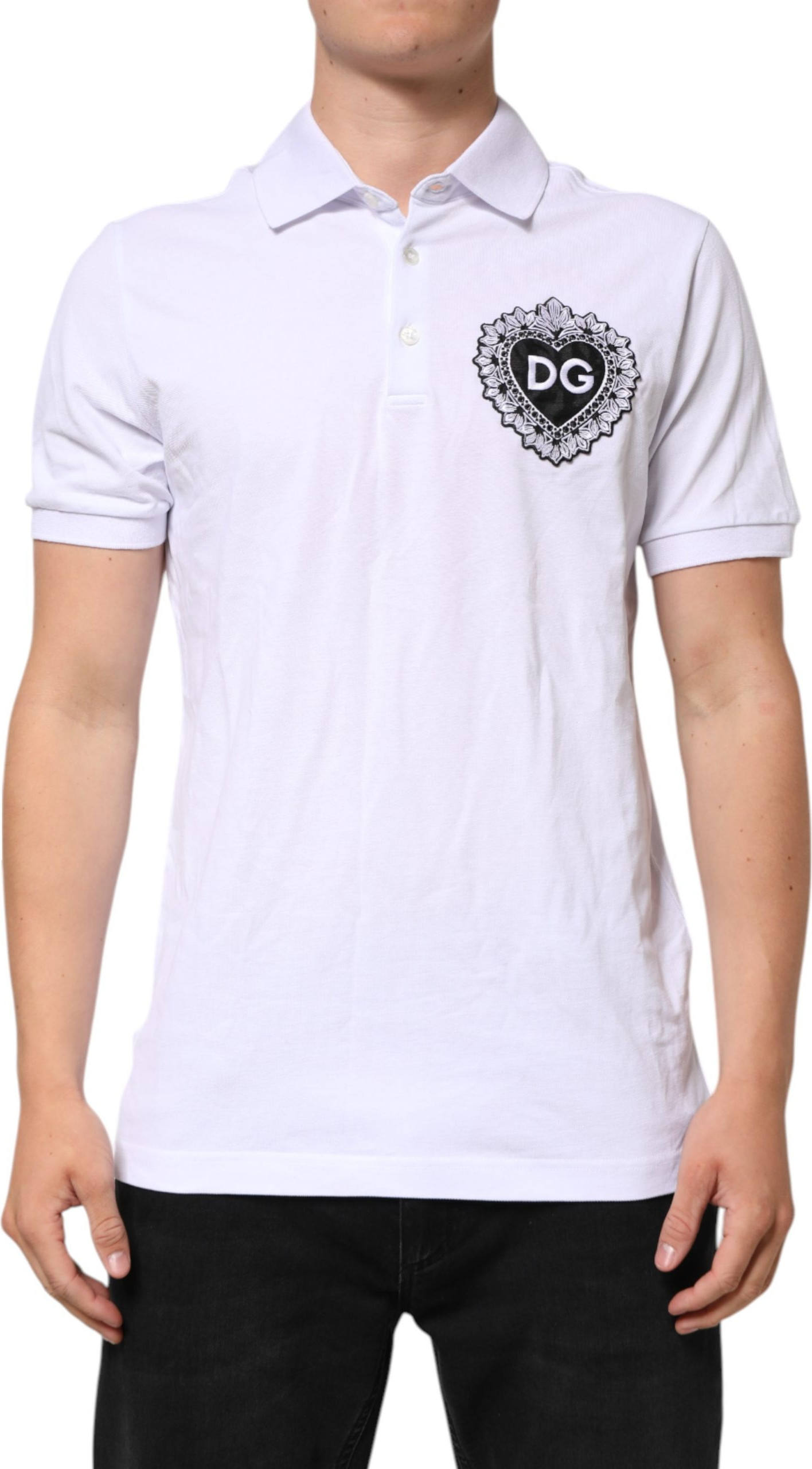 Dolce & Gabbana oq paxta Polot t-shirt, DG Logotipli Yurak, Erkaklar uchun