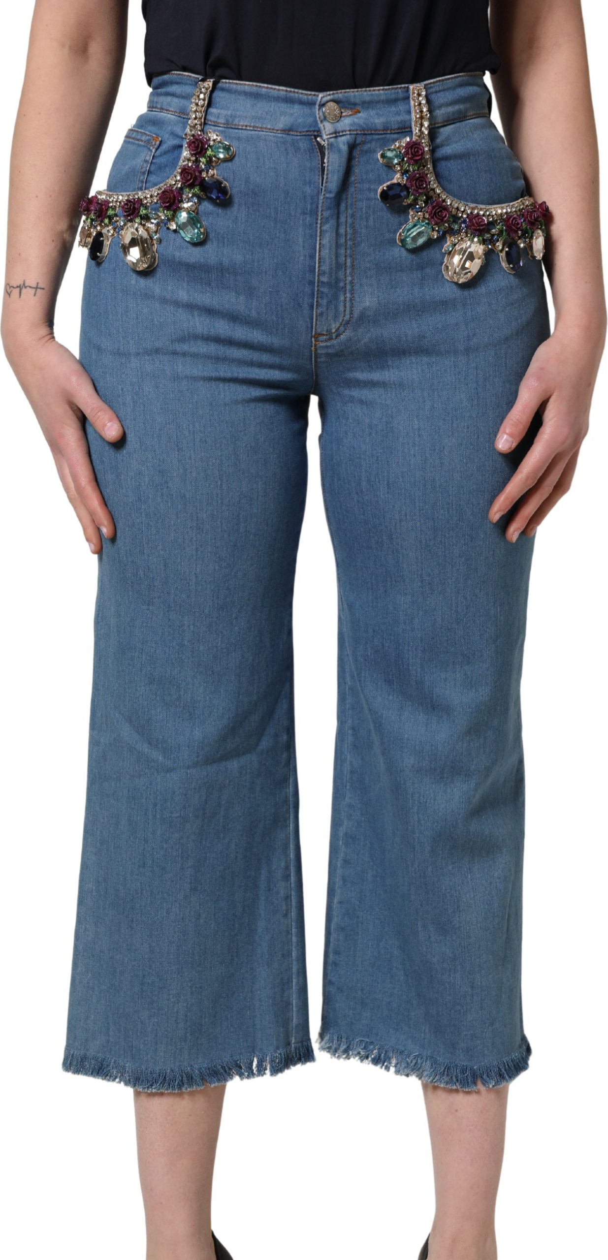 Jeans Dolce & Gabbana Blue Embellished Wide-Leg Crop