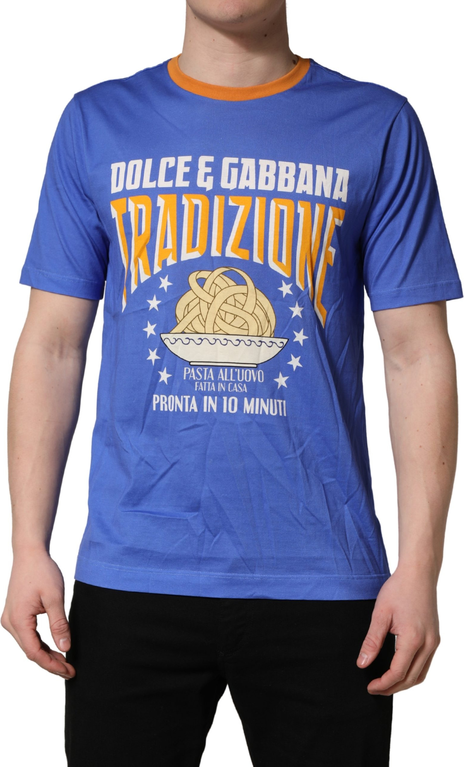 T-shirt Dolce & Gabbana Blue Pasta Graphic Print Cotton Men Crewneck T-shirt