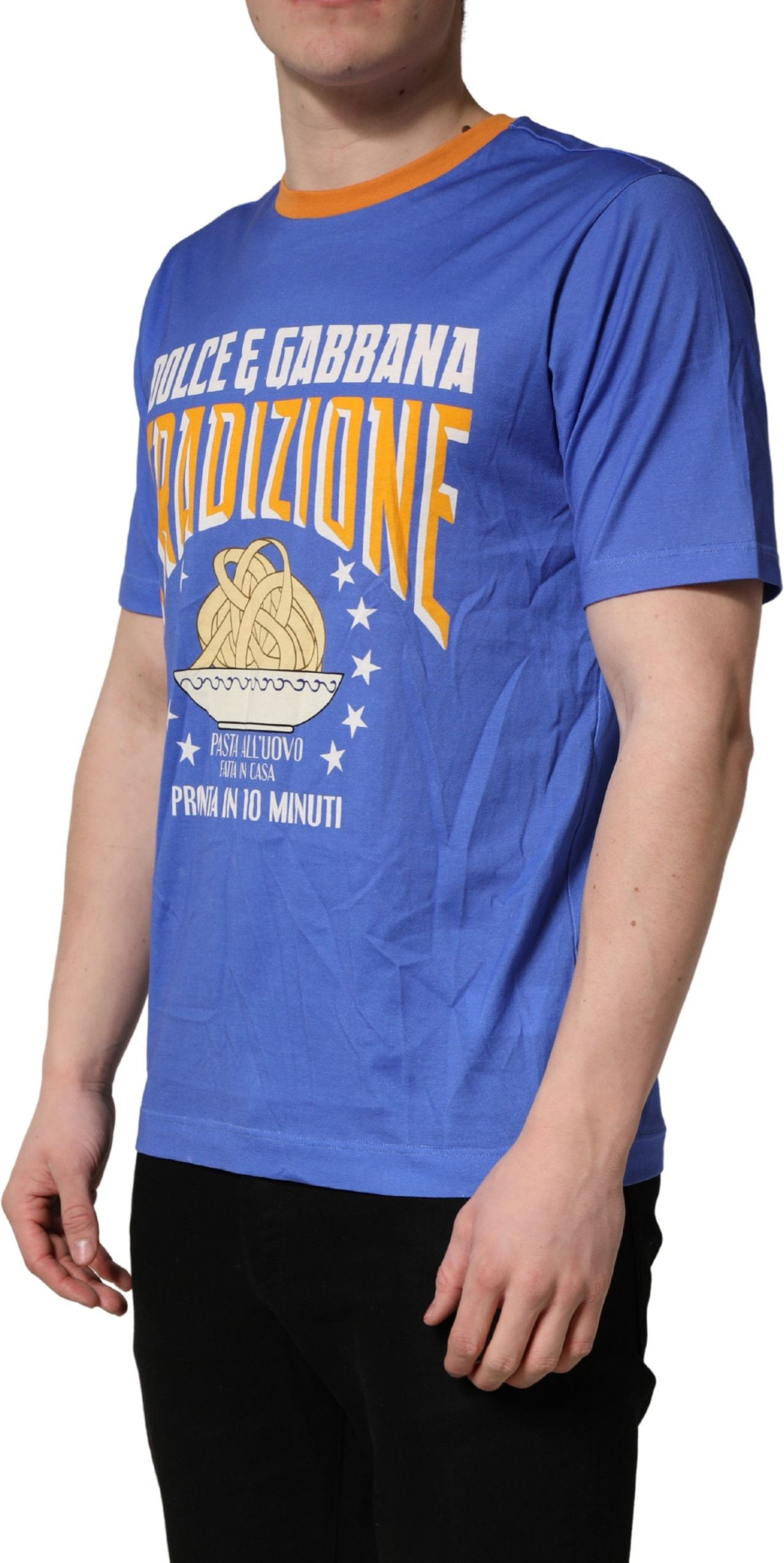 T-shirt Dolce & Gabbana Blue Pasta Graphic Print Cotton Men Crewneck T-shirt