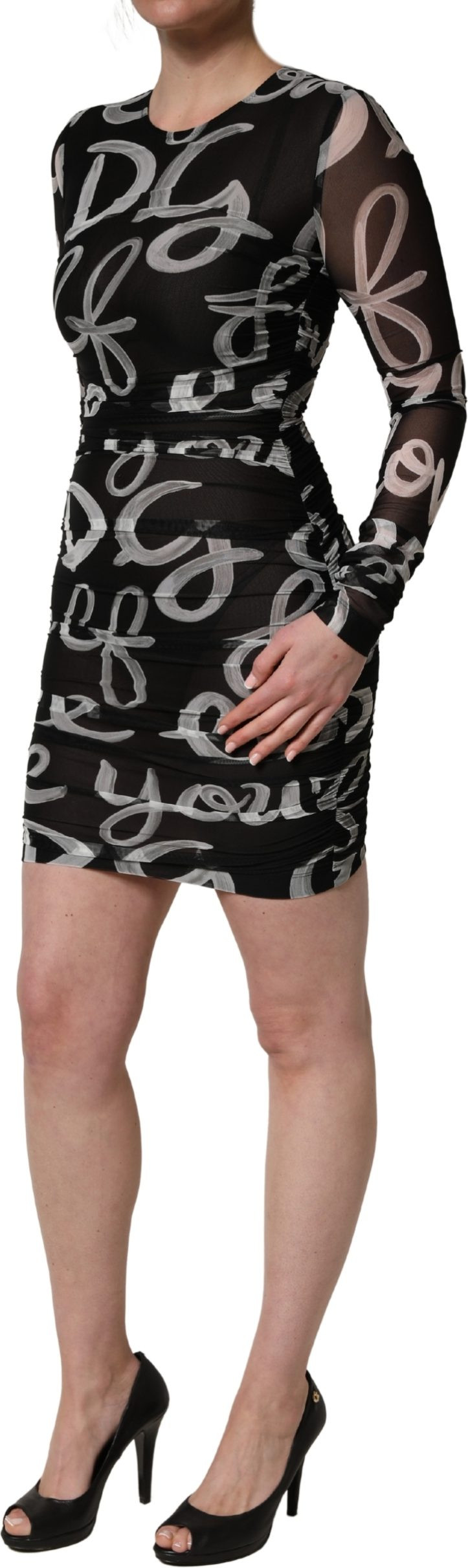 Mini Kleid MSGM Schwarz Weiß Langarm Print Mini Kleid