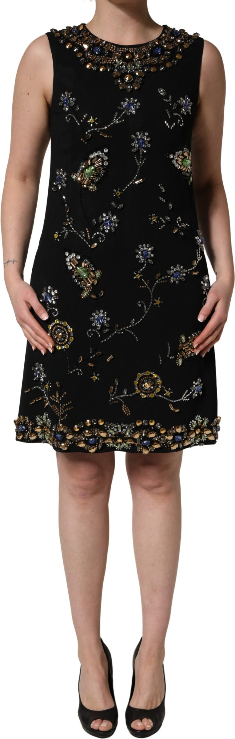 Schwarzes Ärmelloses Kleid mit Blumenperlen Dolce & Gabbana