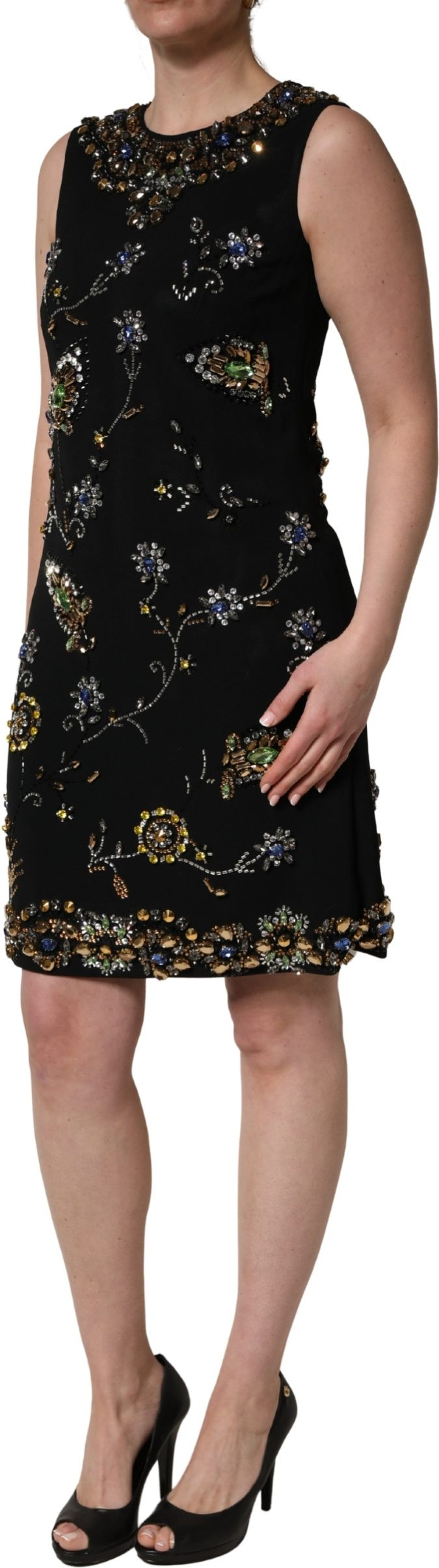 Black Sleeveless Floral Bead Embellishments Dress Dolce & Gabbana