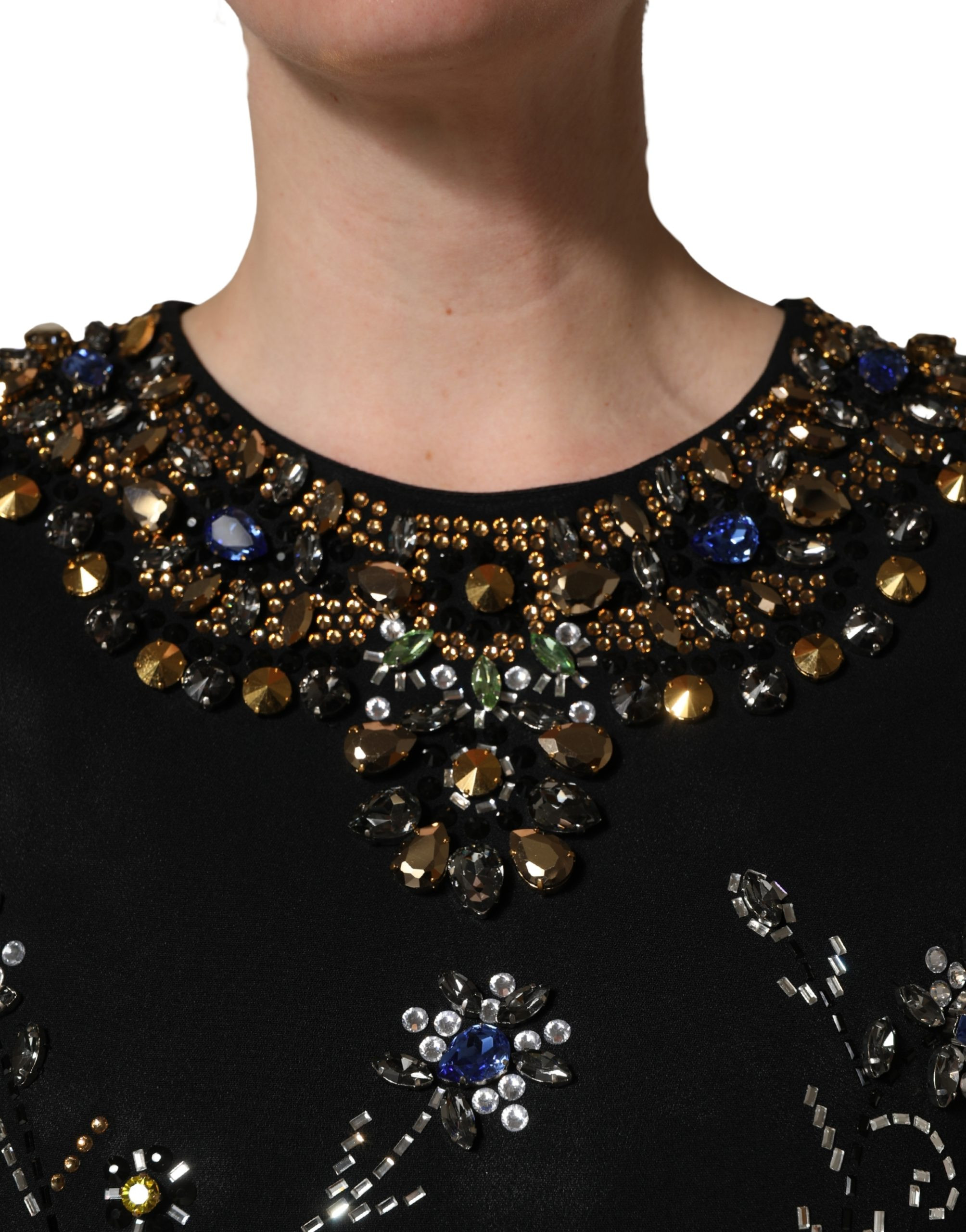 Black Sleeveless Floral Bead Embellishments Dress Dolce & Gabbana