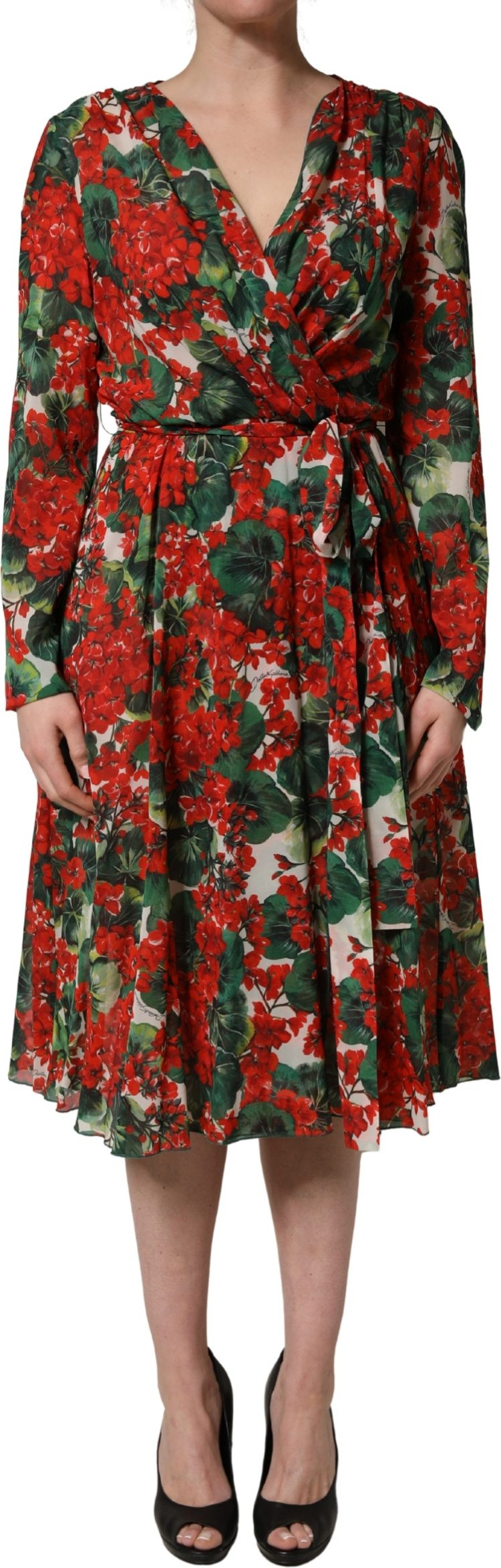 Multicolor Floral Long Sleeves V-neck Dress Dolce & Gabbana
