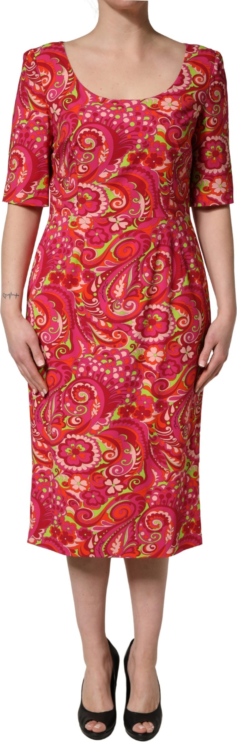Dress Dolce & Gabbana Red Paisley Floral Print Sheath Midi Dress