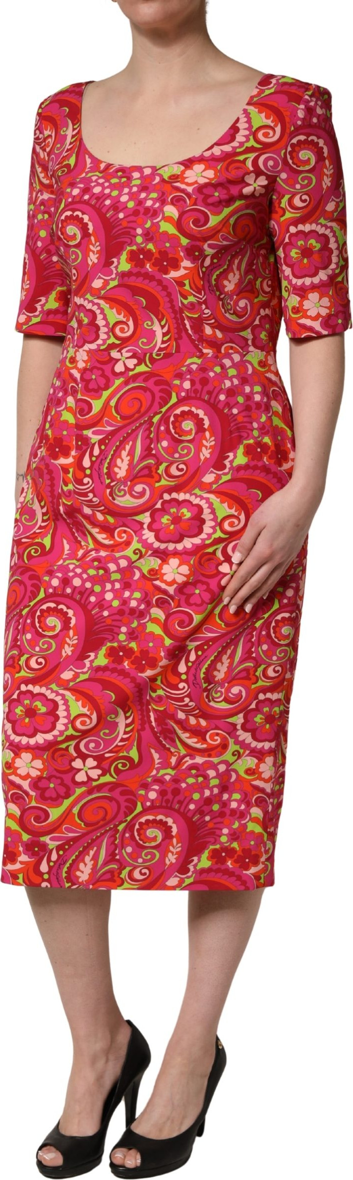 Dress Dolce & Gabbana Red Paisley Floral Print Sheath Midi Dress