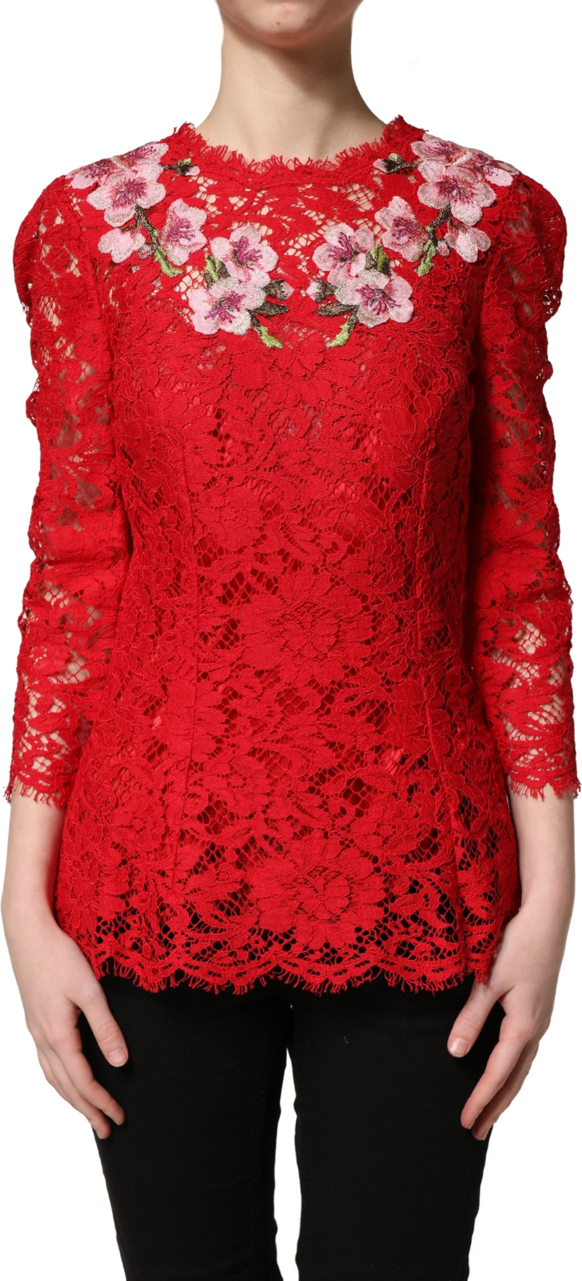 Dolce & Gabbana Spitzen-Top in Rot mit Blumenstickerei und langen Ärmeln