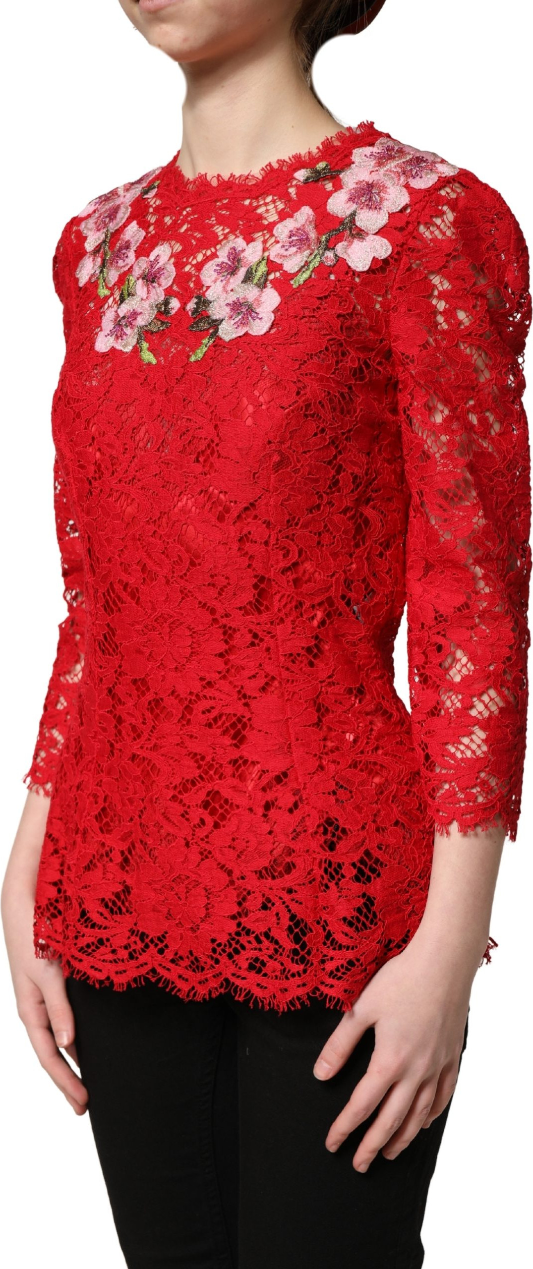 Dolce & Gabbana Spitzen-Top in Rot mit Blumenstickerei und langen Ärmeln