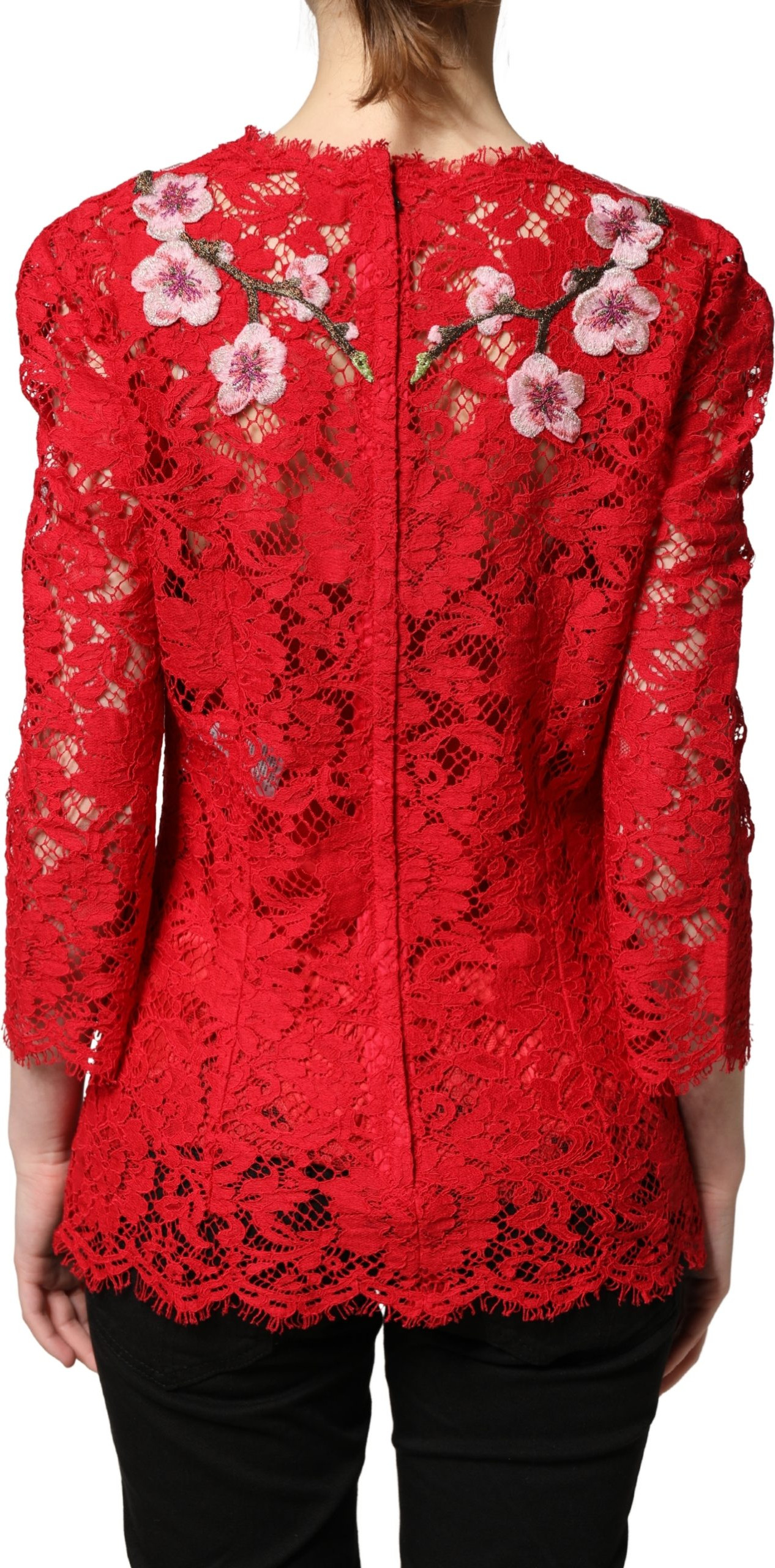 Dolce & Gabbana Spitzen-Top in Rot mit Blumenstickerei und langen Ärmeln