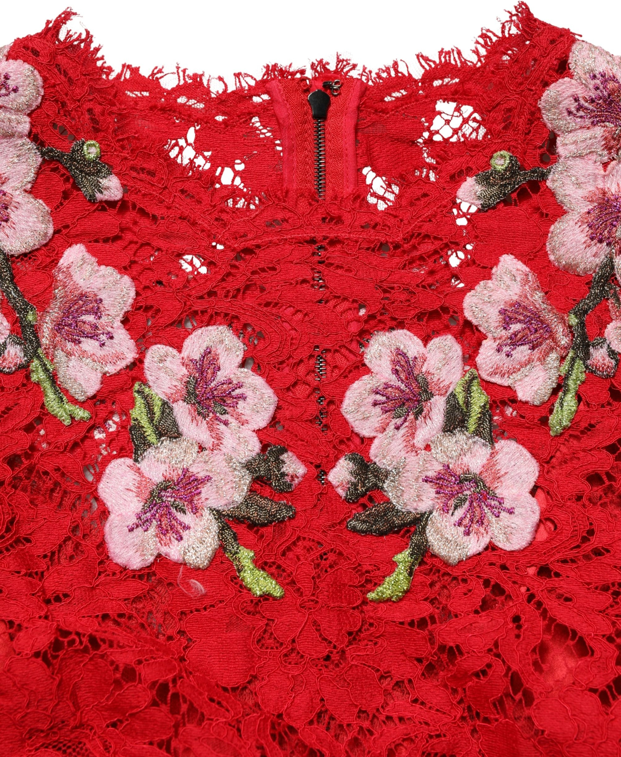 Dolce & Gabbana Spitzen-Top in Rot mit Blumenstickerei und langen Ärmeln