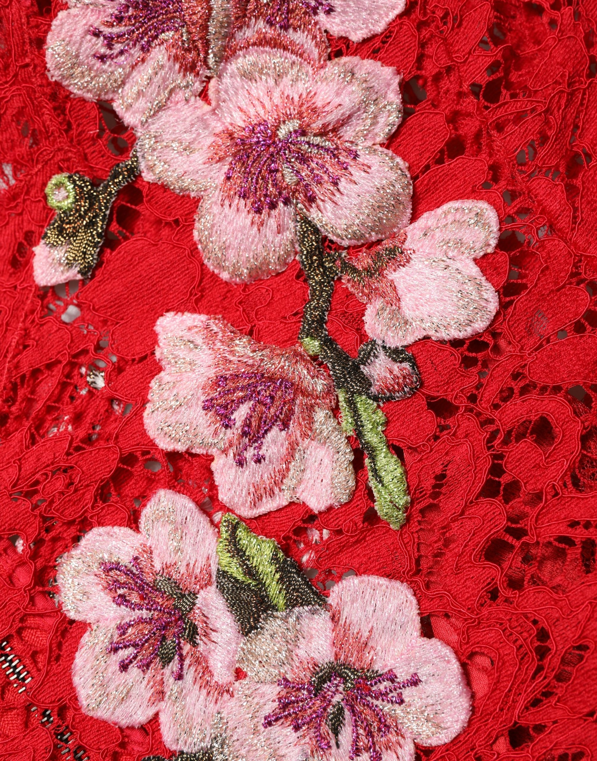 Dolce & Gabbana Spitzen-Top in Rot mit Blumenstickerei und langen Ärmeln