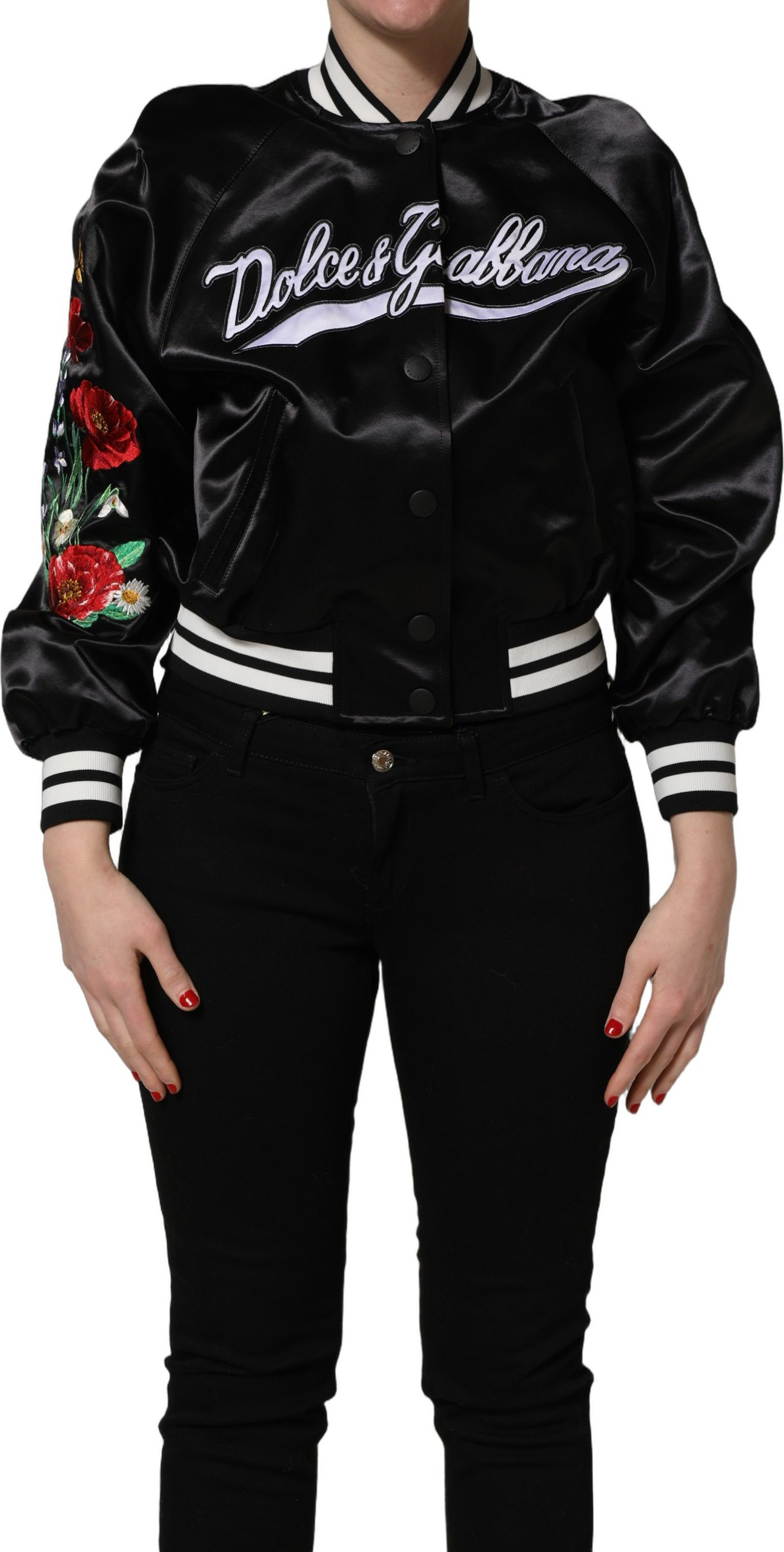 Bomber Jacket Dolce & Gabbana Black Satin Floral Embroidery