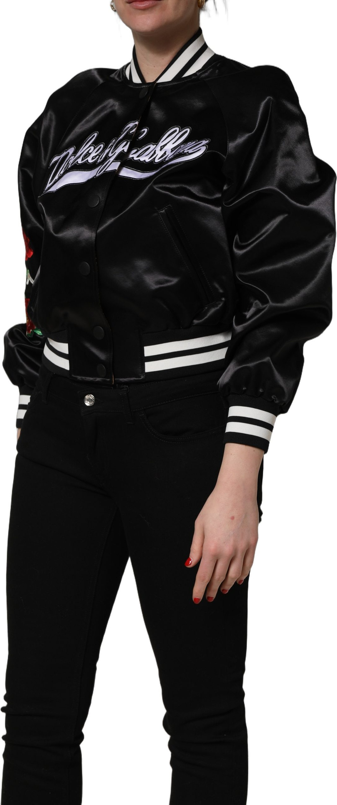 Bomber Jacket Dolce & Gabbana Black Satin Floral Embroidery